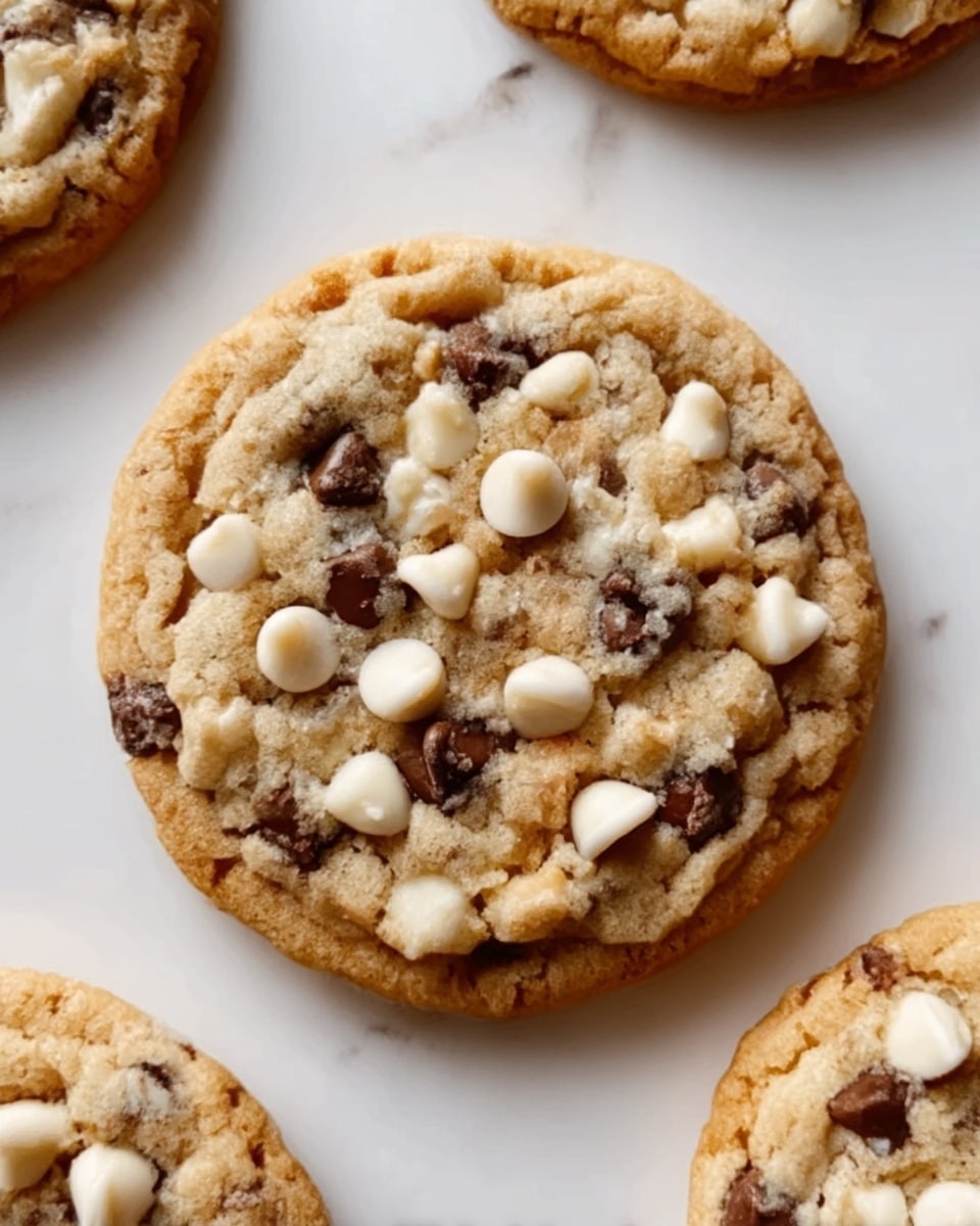 A close-up view of a round cookie sitting on a white marbled surface, showing three layers: the base layer is light golden brown with a soft, slightly cracked texture; the second layer has scattered dark brown chocolate chips and white chocolate chips embedded across the surface, creating a mix of dark and light patches; the top layer has a few chocolate chips slightly melted, adding a glossy effect in small spots. The cookie edges are slightly raised and golden, with other similar cookies partially visible around it. photo taken with an iphone --ar 4:5 --v 7