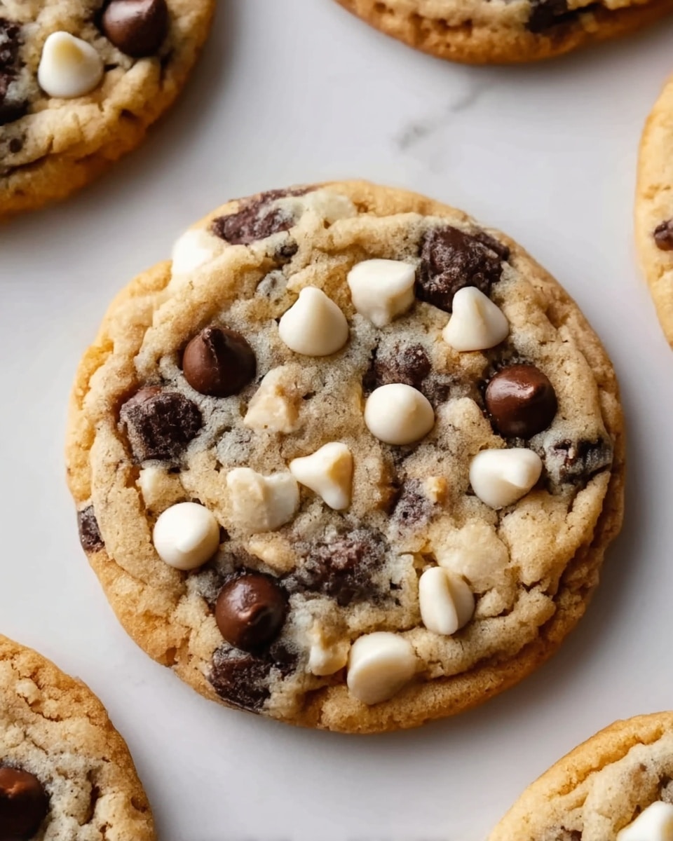 A light brown cookie with a soft and slightly crumbly texture sits centered on a white marbled surface. This single cookie is loaded with dark brown and creamy white chocolate chips, evenly spread across its surface, giving it a speckled look. The cookie’s edges are slightly darker, showing a gentle crispness, while the middle looks softer and thicker. Around the main cookie, parts of three more similar cookies are visible, placed randomly and partially cropped out. Photo taken with an iphone --ar 4:5 --v 7