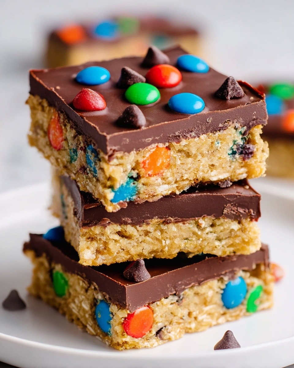 A stack of three square snack bars sits on a white plate against a white marbled surface. Each bar has two clear layers: the bottom and middle layers show a thick, textured, light brown oat mixture with small colorful candy pieces and chocolate bits mixed inside, while the top layer is a smooth dark chocolate sheet with a shiny finish, topped with more vibrant candy pieces in red, green, blue, and orange colors scattered across. The bars are stacked unevenly, showing the rough edges and crumbly texture of the oat layers beneath the glossy chocolate tops. Photo taken with an iphone --ar 4:5 --v 7