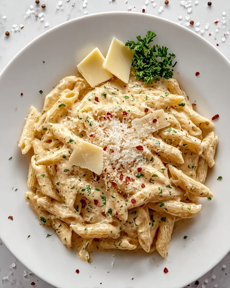 A white round plate holds a creamy pasta dish with about two layers of penne pasta coated in a thick, light beige cheese sauce. On top, the pasta is sprinkled with finely chopped green herbs, small bits of red spices, and grated white cheese. There are three thin clean slices of pale yellow cheese placed near the center, with a small pile of freshly chopped green parsley above them. The background surface is a white marbled texture scattered with coarse salt and pepper grains around the plate edges. Photo taken with an iphone --ar 4:5 --v 7