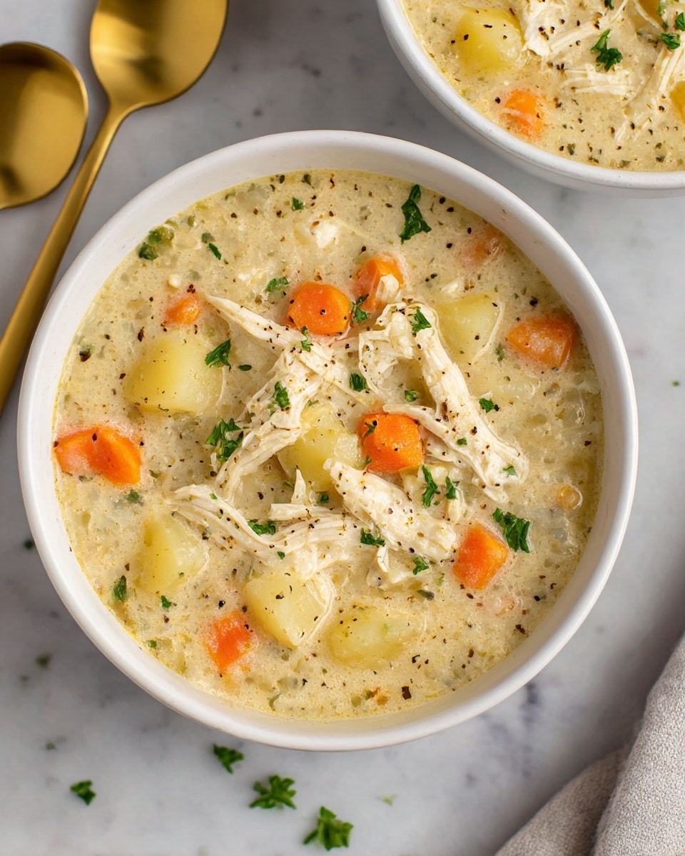 A white bowl filled with creamy chicken soup, showing thick broth with visible chunks of shredded chicken, soft orange carrot pieces, and small potato cubes. The soup is sprinkled with fresh green parsley leaves and black pepper flakes, adding specks of green and black on top. The bowl is placed on a white marbled surface, with a pair of golden spoons nearby. The soup has a rich, smooth texture with the shredded chicken strands floating on the surface. photo taken with an iphone --ar 4:5 --v 7
