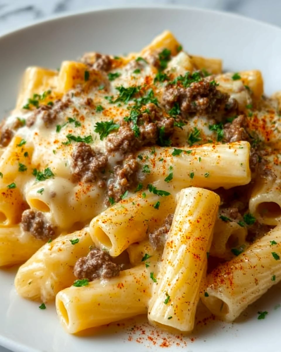 The image shows a close-up of a white plate filled with rigatoni pasta covered in a creamy, light yellow cheese sauce. Scattered over the pasta are browned ground beef pieces, adding a rich brown color and crumbly texture. Small green parsley leaves are sprinkled on top as garnish, contrasting with the creamy pasta. The dish appears hot and freshly served, with a slight shine on the cheese sauce. Photo taken with an iphone --ar 4:5 --v 7