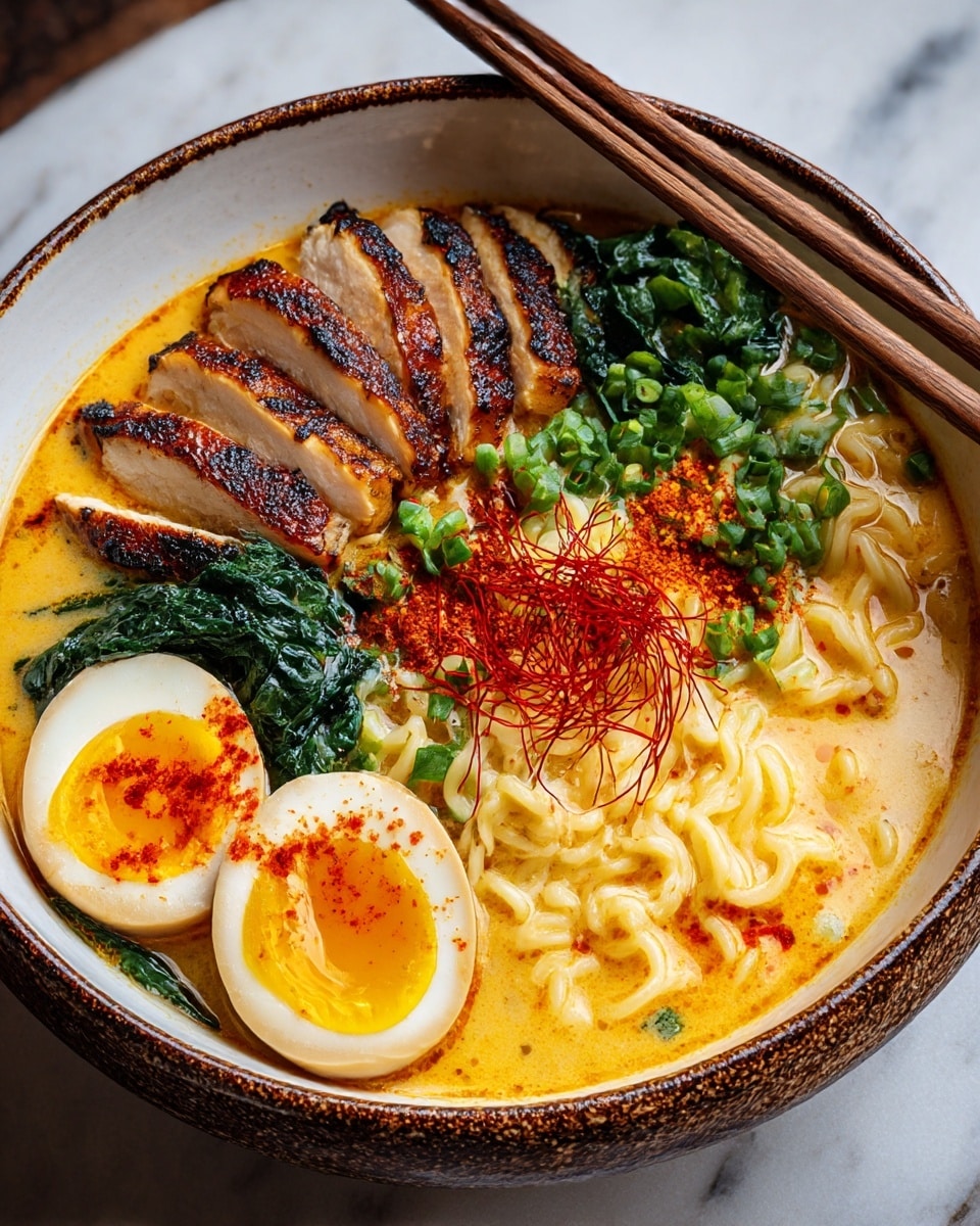 The dish is a bowl of ramen with rich, creamy orange broth filling the bowl. There are five pieces of grilled chicken with a dark brown, crispy crust placed on one side. Next to the chicken, there is bright green cooked spinach. Halved soft-boiled eggs with shiny, golden yolks and white edges are arranged near the front. In the center, curly ramen noodles peek out from the broth, topped with finely chopped green onions and thin, red chili threads. The bowl is textured with earth tones and greenish accents, sitting on a white marbled surface. A pair of wooden chopsticks rests on the rim of the bowl. Photo taken with an iphone --ar 4:5 --v 7