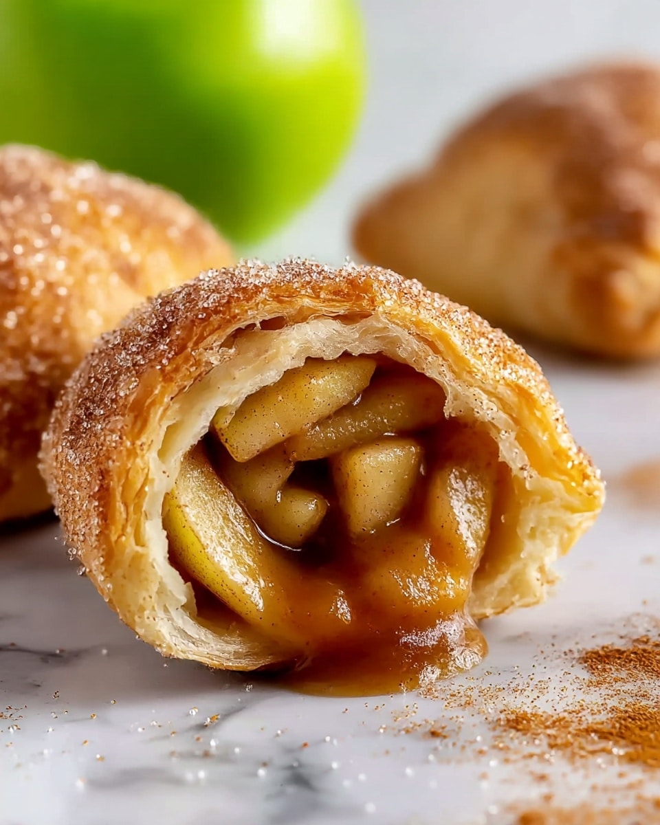 The image shows a close-up of a half-eaten apple pastry with a golden, flaky crust covered in sugar and cinnamon crystals on the outer layer. Inside, there are soft, cooked apple chunks coated with a shiny, caramel-like sauce that is slightly oozing out. The pastry has multiple layers visible in the crust, showing its flakiness. In the background, a green apple and another whole pastry can be seen softly out of focus, all resting on a surface with a white marbled texture. photo taken with an iphone --ar 4:5 --v 7