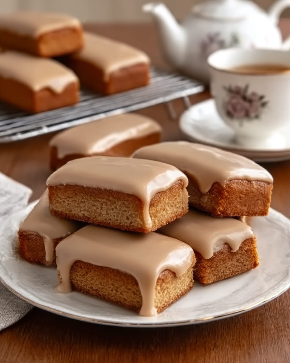 A white plate holds six rectangular cake pieces, each topped with a smooth light brown glaze that covers the entire surface, slightly dripping at the edges. The cake layers beneath are light yellow with a soft, moist texture visible at the sides. The plate sits on a wooden table with a white marbled background behind it. In the background, a cooling rack with more cakes and a white cup and teapot are softly blurred. Photo taken with an iphone --ar 4:5 --v 7