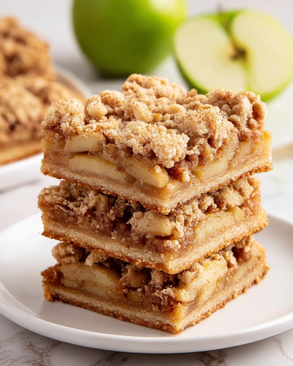 Three square slices of apple crumble bars are stacked on a white plate placed on a white marbled surface. Each bar has four visible layers: a light golden brown crumbly crust at the bottom, a thick layer of thin apple slices mixed with cinnamon and spices in the middle, a soft caramel-like filling above the apple layer, and a chunky, oat-filled crumb topping golden-brown in color with specks of cinnamon. Two green apples and a cinnamon stick are blurred in the background, adding a fresh and warm feeling to the image. The photo is taken with an iphone --ar 4:5 --v 7