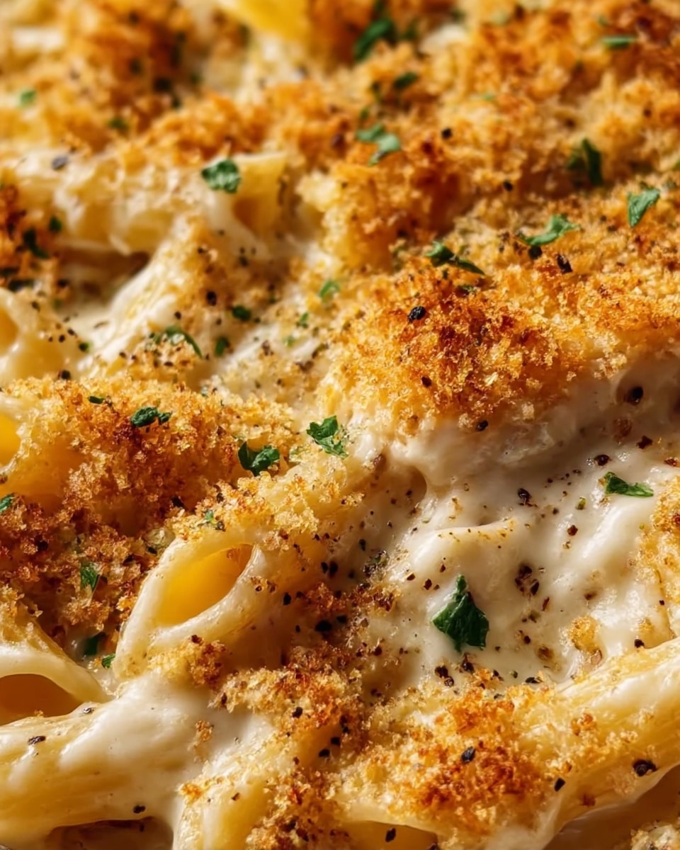 Close-up view of baked pasta dish featuring penne pasta coated in a creamy white cheese sauce with visible texture from melted cheese. On top, golden brown breadcrumbs form a crunchy layer scattered unevenly. Small green herb pieces are sprinkled across the surface, adding color contrast. Black pepper flakes are also visible, adding speckled detail. The layers include creamy pasta at the bottom with a crispy brown breadcrumb topping. The photo is taken with an iphone --ar 4:5 --v 7