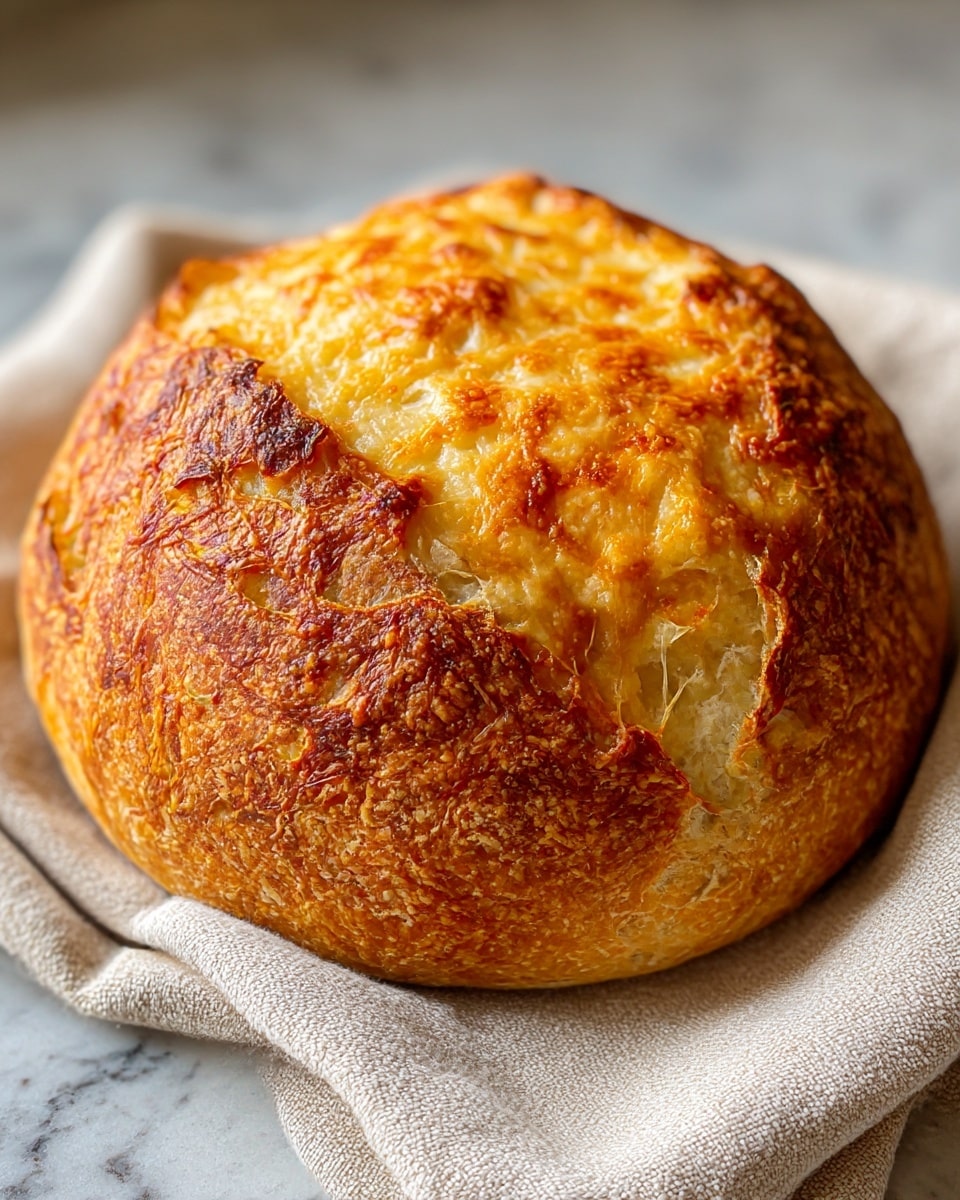 The image shows a round cheese bread with a rough, golden brown crust and melted cheese baked on top. The bread has a slightly cracked surface with an uneven texture, revealing a soft, white interior peeking through the crust. It rests on a light beige cloth, placed on a white marbled surface. The overall look is warm and rustic, showing the bread's crispy outer layer and cheesy topping. photo taken with an iphone --ar 4:5 --v 7