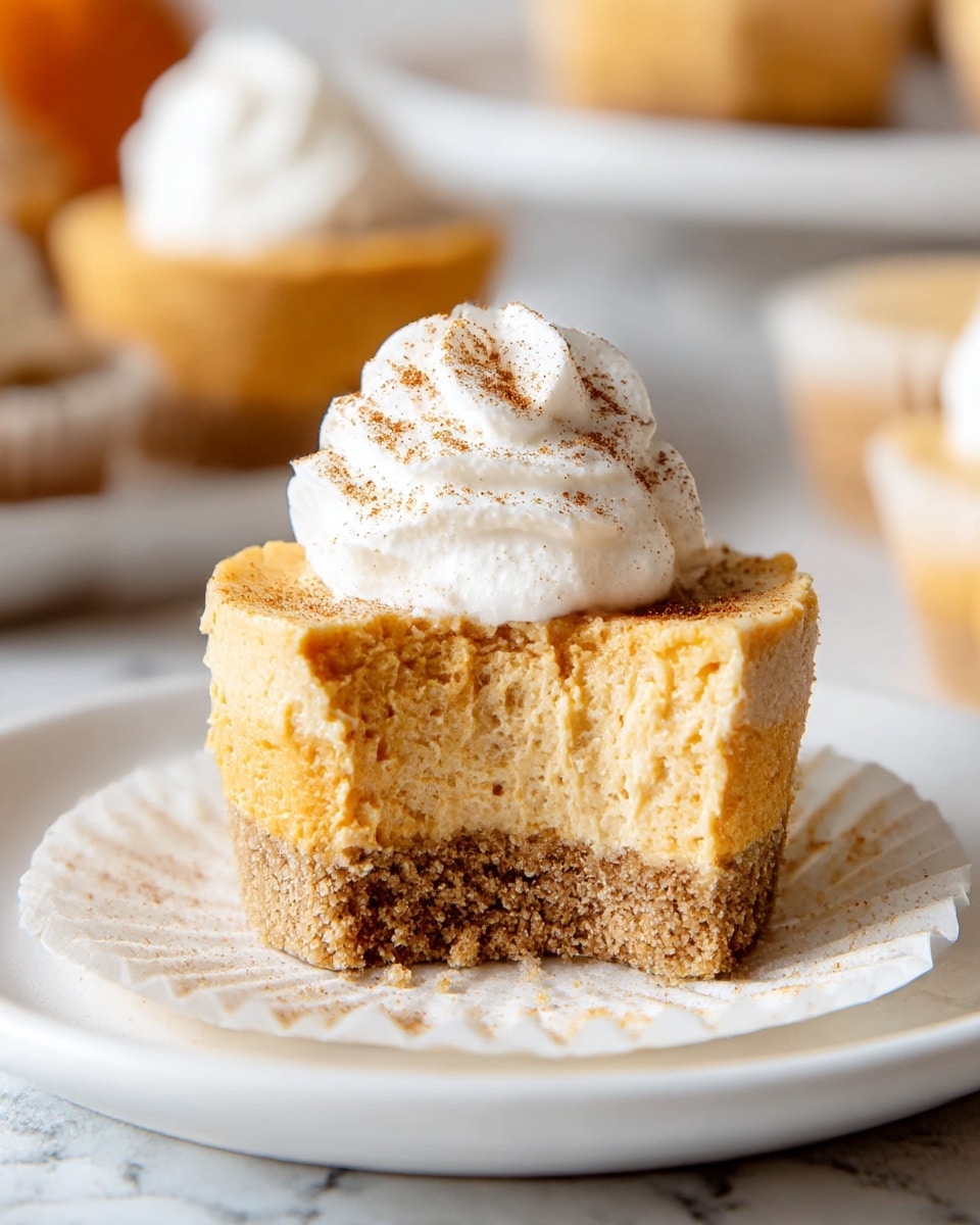 A mini pumpkin cheesecake with three visible layers: the bottom layer is a crumbly, light brown graham cracker crust, the middle thick layer is smooth, orange-colored pumpkin cheesecake filling, and the top is a dollop of white whipped cream with a dusting of brown spice powder. The cheesecake has a bite taken out from the front, showing the creamy texture of the filling. It sits inside a white cupcake liner, placed on a plain white plate, all set on a white marbled surface. In the background, blurred, there are other similar cheesecakes. Photo taken with an iphone --ar 4:5 --v 7