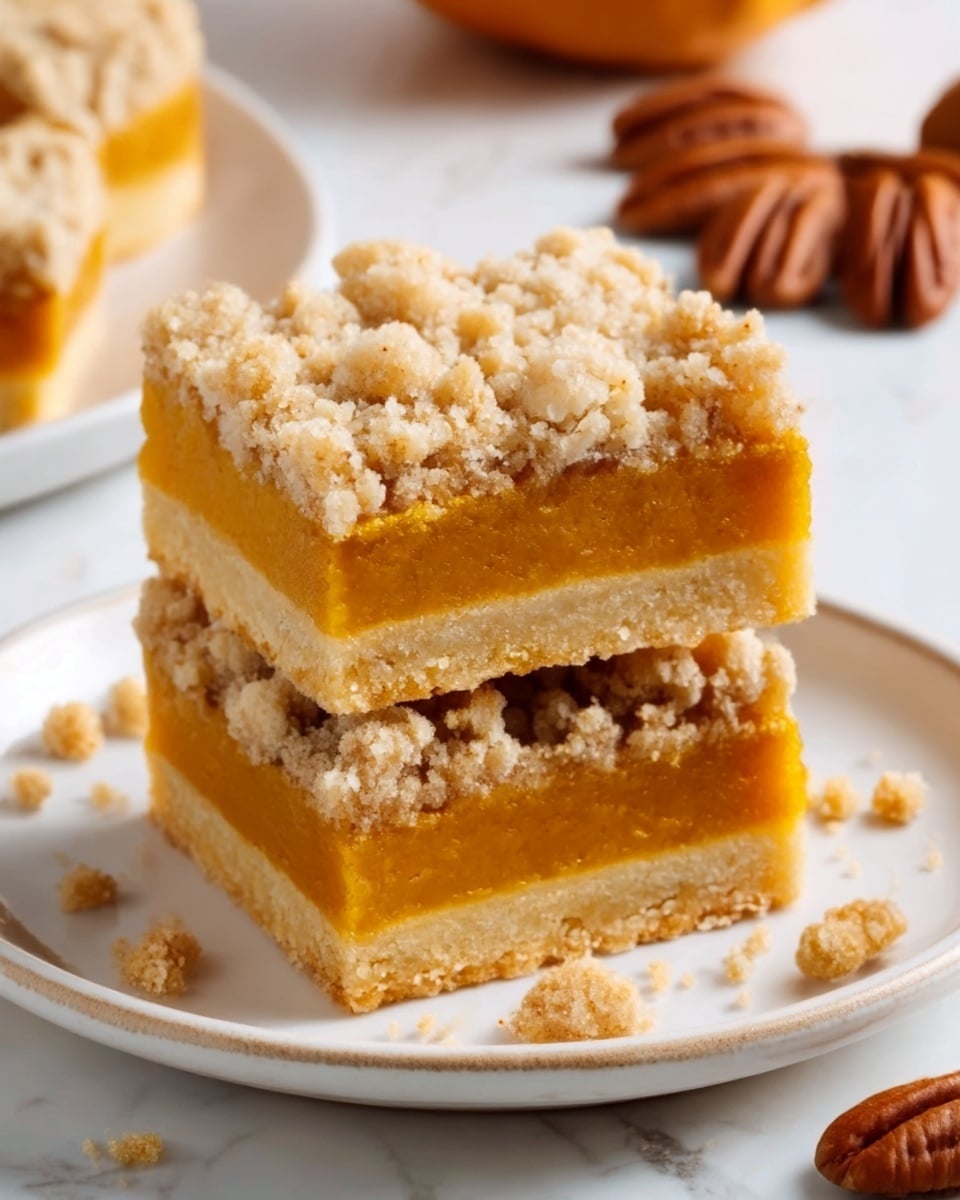 The image shows two square pieces of crumb cake stacked on a white plate with a slightly raised edge. Each piece has three layers: a crumbly, light beige top layer with small, uneven crumbs; a thick, smooth middle layer of bright orange pumpkin filling; and a firm, golden-brown bottom crust. Crumbs are scattered around the plate, adding texture. In the background, there are whole pecans on the right side, all resting on a white marbled surface. Photo taken with an iphone --ar 4:5 --v 7