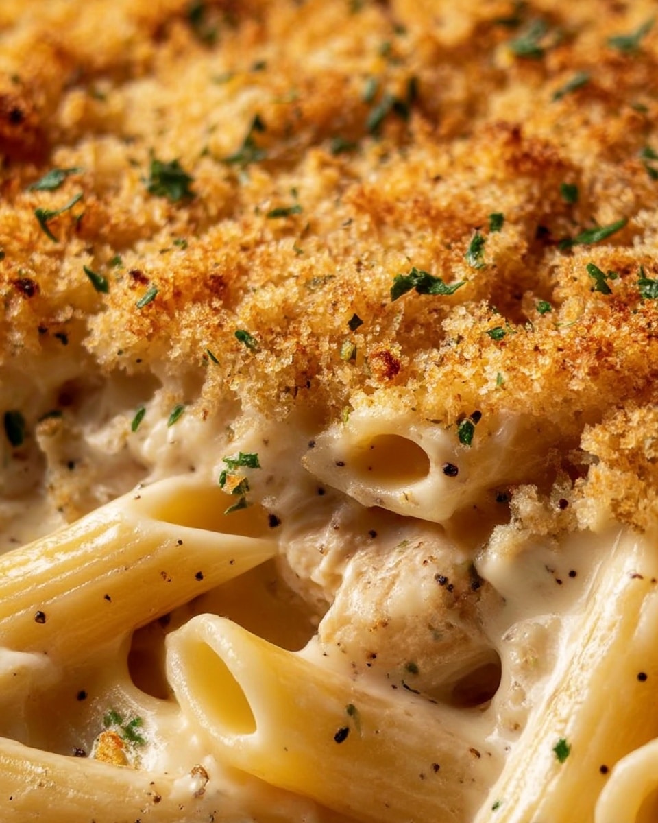 A close-up view of a creamy pasta dish with three main layers: at the bottom, pale yellow penne pasta with a smooth, shiny texture; above that, white creamy sauce evenly covering the pasta; on top, chunks of golden brown crispy breaded chicken pieces sprinkled with finely chopped green herbs and small black pepper flakes. The overall image shows a rich, comforting meal with a mix of smooth, crunchy, and soft textures, set against a white marbled surface. photo taken with an iphone --ar 4:5 --v 7