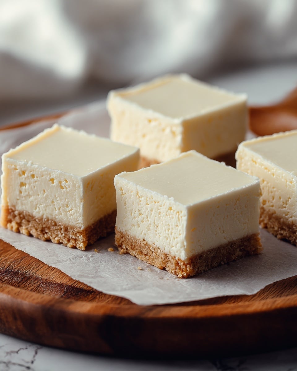 The image shows four square pieces of cheesecake bars placed on white parchment paper over a wooden plate. Each bar has three layers: a bottom crumbly light brown crust, a thick middle creamy off-white cheesecake layer, and a smooth pale white topping layer. The cheesecake bars have clean edges and a soft texture, with crumbly bits visible on the crust. The background has a soft focus with hints of white fabric and a white marbled texture below. photo taken with an iphone --ar 4:5 --v 7