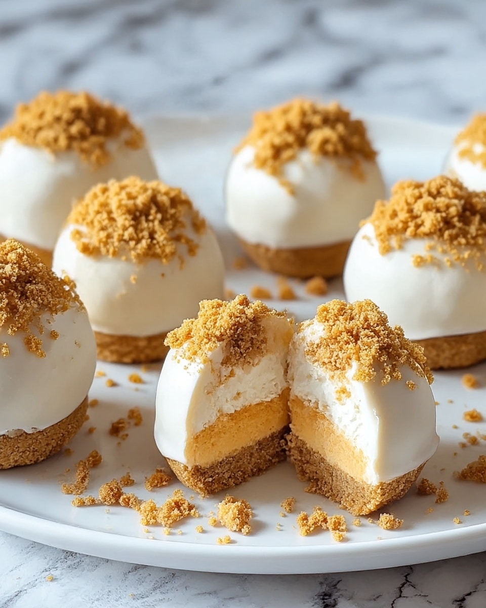 The image shows six dessert balls on a white plate with a white marbled surface underneath. Each ball has three layers: a bottom crumbly golden-brown crust, a thick middle layer of smooth creamy white coating, and a top layer covered in crumbly golden crumbs. Two of the balls are cut open, showing the inside with a soft, light brown filling in the core, surrounded by the white creamy layer and crumbly top. Some golden crumbs are scattered around the plate. Photo taken with an iphone --ar 4:5 --v 7