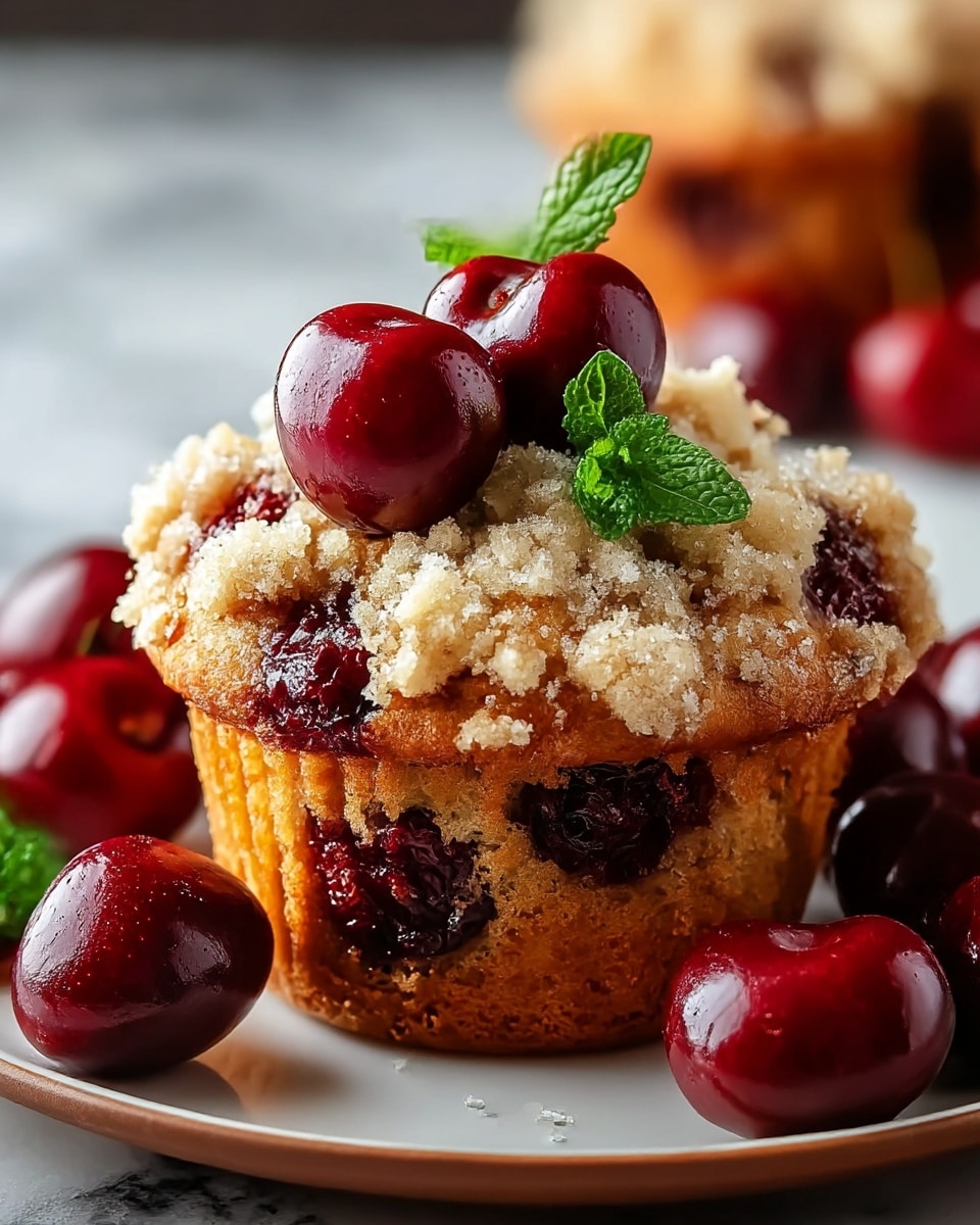 A golden brown muffin with a crumbly streusel topping that is light beige and textured, dotted with dark red cherry pieces baked into the muffin. On top, there are two shiny whole cherries with a small sprig of fresh green mint placed between them. The muffin sits on a white plate, surrounded by more glossy dark red cherries, all set against a white marbled surface. The photo is close-up, highlighting the moist texture and sugar dusting on the muffin. photo taken with an iphone --ar 4:5 --v 7