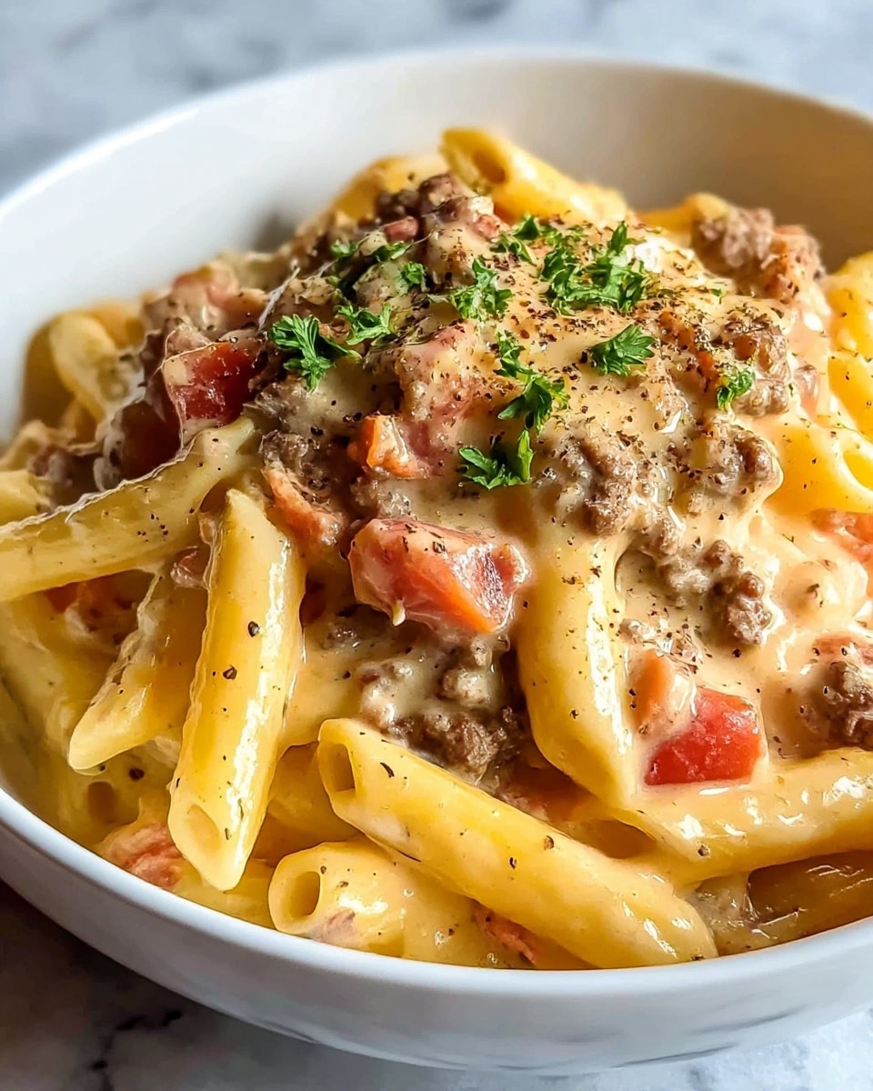 A close-up view of a dish in a white bowl filled with creamy pasta that has a smooth, light yellow cheese sauce coating penne noodles. There are small chunks of cooked ground meat scattered throughout the pasta along with bits of soft, orange carrots. The surface shows a light sprinkle of black pepper and some green herb leaves on top for garnish. The pasta looks rich and hearty, with the sauce giving it a glossy and thick texture. The bowl sits on a white marbled textured surface. photo taken with an iphone --ar 4:5 --v 7