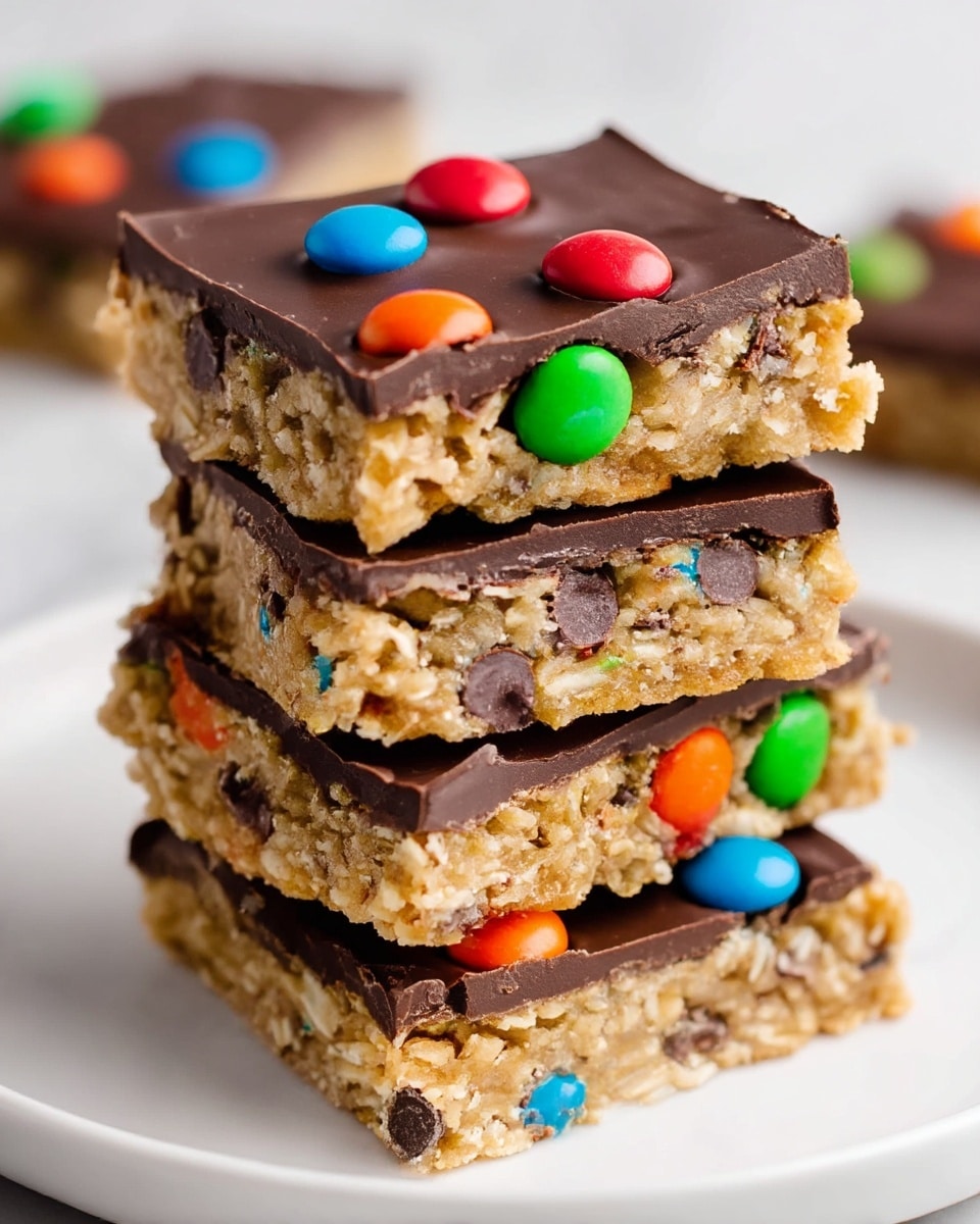 A stack of three thick bars is shown on a white plate against a white marbled texture. Each bar has two layers: the bottom layer is a light golden, crumbly oat base mixed with colorful candy-coated chocolate pieces in red, blue, green, and orange; the top layer is a smooth, rich dark chocolate coating with a glossy finish. The chocolate layer is sprinkled with extra candy pieces and some chocolate-covered coffee beans. The edges of the bars are slightly uneven, giving a homemade feel. Photo taken with an iphone --ar 4:5 --v 7
