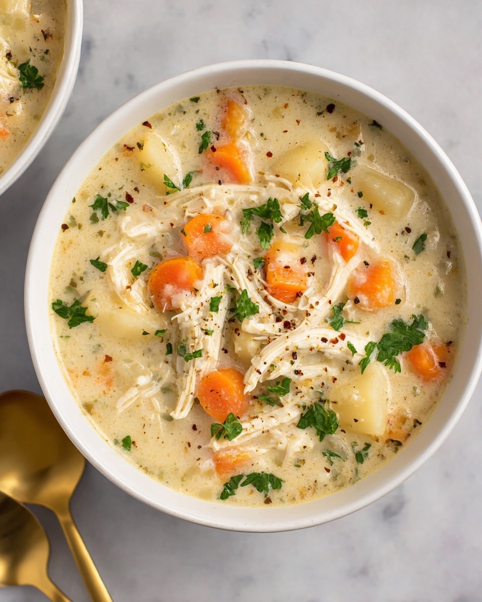 A white bowl filled with creamy chicken soup containing visible shredded white chicken pieces, small diced orange carrots, and pale yellow potato chunks. The soup base is thick and light beige with a slightly grainy texture, speckled with black pepper and garnished with small green parsley leaves scattered on top. The bowl is placed on a white marbled surface with two golden spoons nearby. Another bowl of the same soup is partially visible in the background. photo taken with an iphone --ar 4:5 --v 7