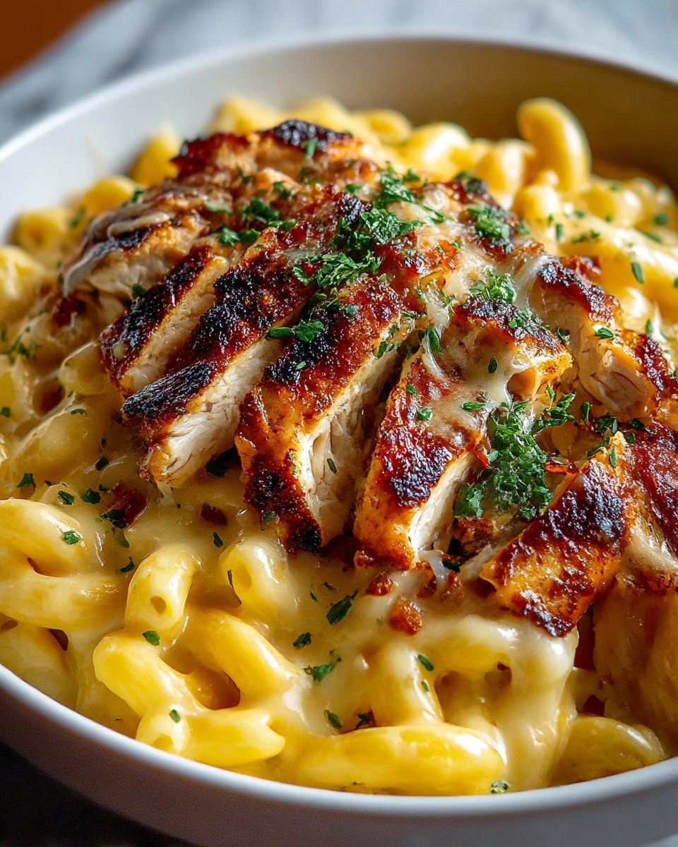 The dish features a white bowl filled with creamy yellow macaroni pasta as the base layer, topped with a layer of melted, slightly browned cheese that gives a gooey texture. On top, there are golden-brown grilled chicken pieces with a crispy texture and charred spots, sprinkled with small green herb leaves for a fresh touch. The entire dish has a warm, inviting look with a mix of creamy and crispy textures, placed against a white marbled background. photo taken with an iphone --ar 4:5 --v 7