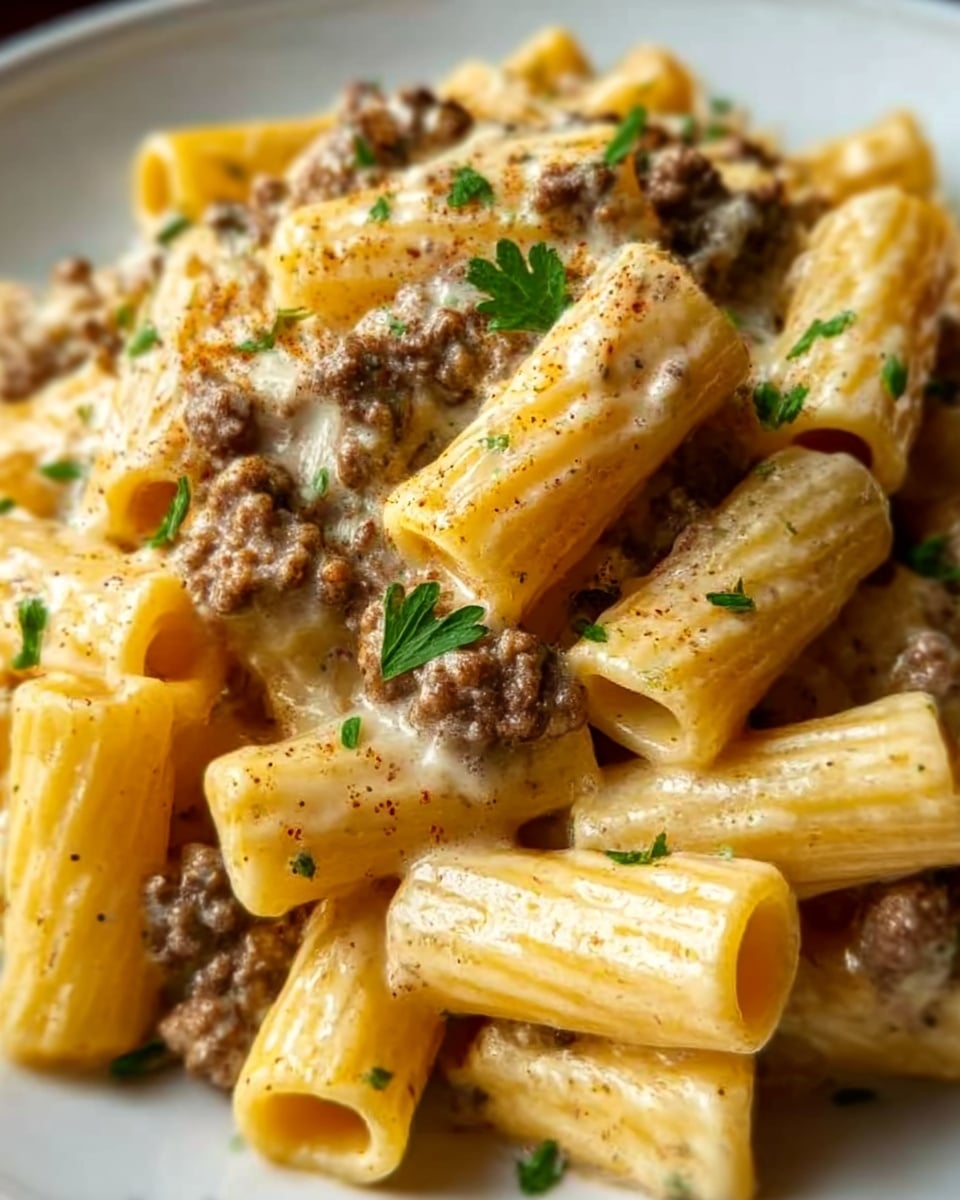 The dish shows a close-up of rigatoni pasta mixed with melted cheese and ground beef. The rigatoni is pale cream-colored with a smooth texture, evenly coated with creamy, golden cheese that stretches slightly between the pasta pieces. Small, coarse chunks of browned ground beef are spread on top and nestled between the pasta, giving a rich, hearty look. Bright green parsley flakes are sprinkled on the surface for color contrast, and a light dusting of reddish paprika adds a touch of warmth. The food sits on a flat white plate set against a white marbled background. Photo taken with an iphone --ar 4:5 --v 7