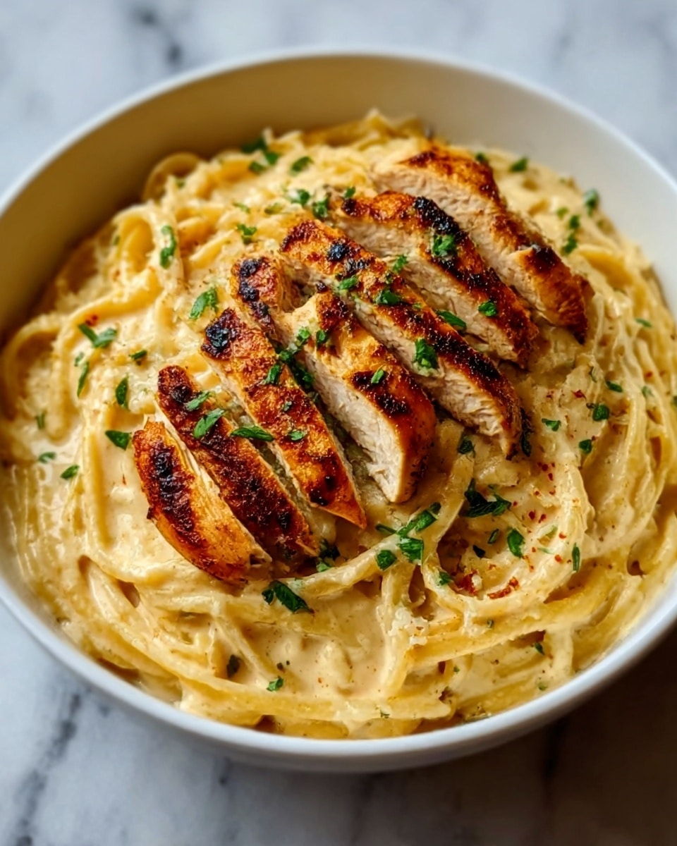 The image shows a white bowl filled with creamy pasta topped with grilled chicken pieces. The pasta is coated in a smooth, light beige sauce with a slightly glossy texture, forming the base layer. On top, there are several golden-brown grilled chicken strips with char marks, arranged unevenly but close together. Fresh green parsley leaves are scattered over the chicken, adding color contrast. The bowl sits on a white marbled surface, enhancing the fresh and clean look of the dish. Photo taken with an iphone --ar 4:5 --v 7