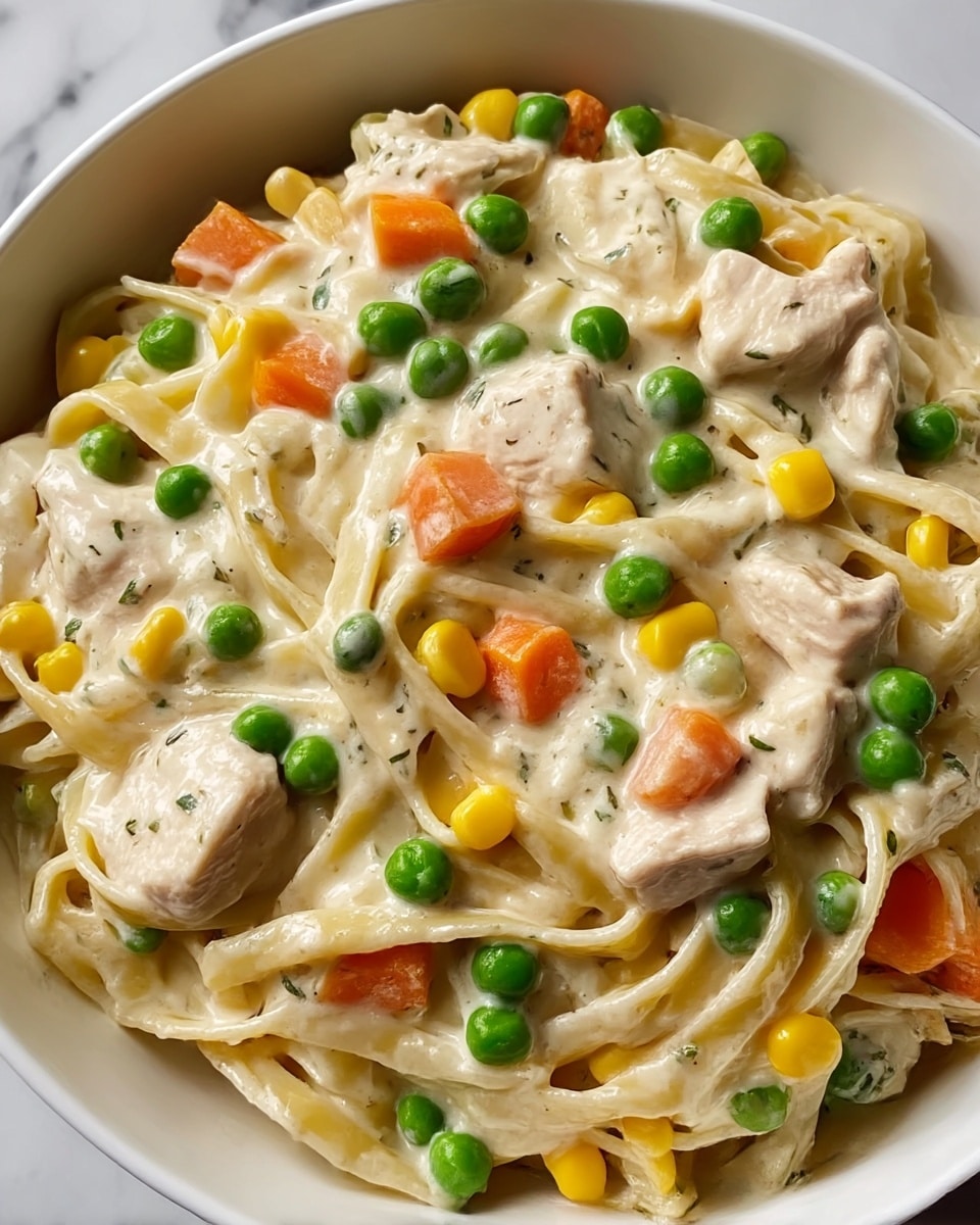 A close-up view of creamy fettuccine pasta mixed with chunks of white chicken breast, bright green peas, small yellow corn kernels, and orange carrot pieces, all coated in a smooth, white sauce with small green herb bits sprinkled throughout. The dish is served in a white bowl, placed on a white marbled surface. The creamy texture covers the soft pasta ribbons and tender chicken evenly, with colorful vegetables scattered throughout for contrast. Photo taken with an iphone --ar 4:5 --v 7