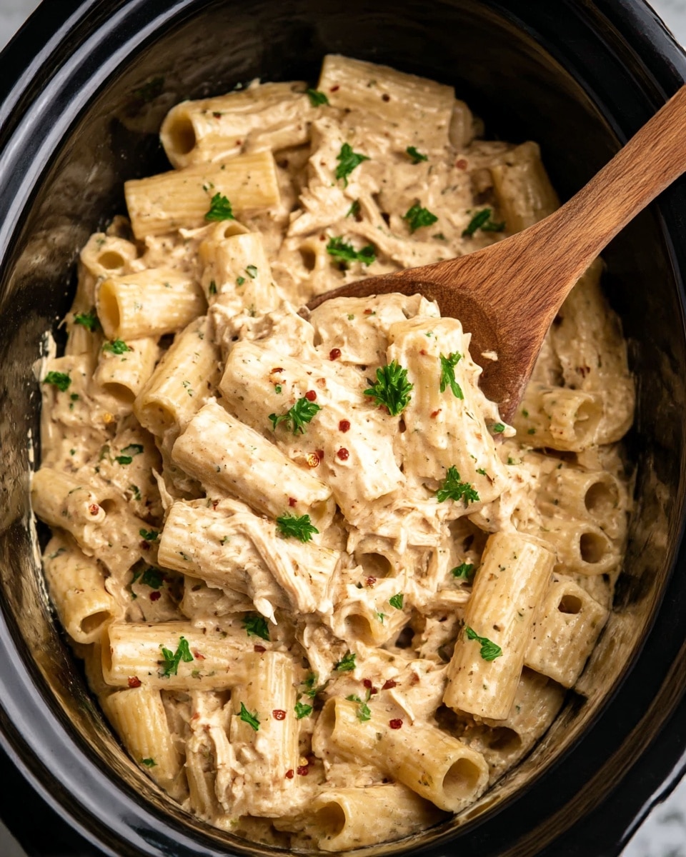 The image shows a close-up of a bowl filled with creamy pasta. The pasta is rigatoni, coated in a thick, beige sauce with visible specks of black pepper and herbs. Small green parsley pieces are scattered on top, adding a touch of color. A wooden spoon is partially submerged in the pasta, placed diagonally inside the bowl. The bowl is black and round, and the background is a white marbled texture. photo taken with an iphone --ar 4:5 --v 7