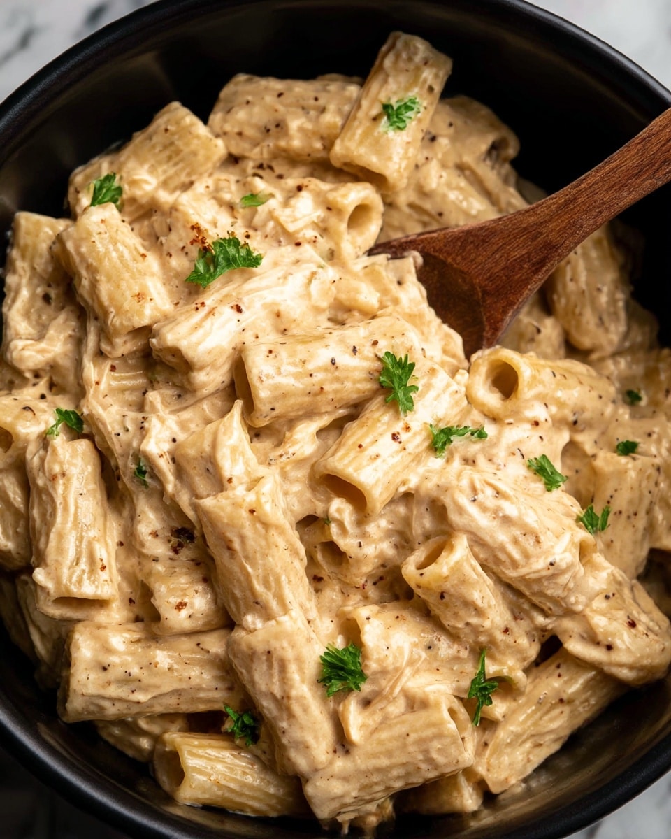 This image shows a close-up of creamy rigatoni pasta mixed with shredded chicken in a black slow cooker. The rigatoni pasta pieces are thick and covered in a smooth, light beige sauce with small herbs and pepper flakes scattered throughout. Small green parsley leaves are sprinkled on top for a fresh touch. A wooden spoon is gently placed inside the cooker, partially lifting some of the pasta. The background is a white marbled surface. photo taken with an iphone --ar 4:5 --v 7