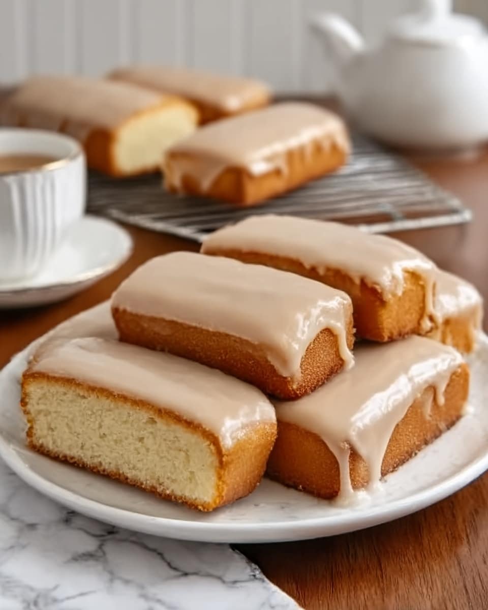 A white plate filled with rectangular brown cakes topped with a smooth, light brown icing layer that covers the top and slightly drips down the sides, each cake has two visible layers—the moist brown cake base and the glossy icing on top. The plate sits on a wooden table with a metal cooling rack holding more cakes in the background, and a white cup and teapot with subtle floral patterns are also visible. The overall scene is warm and inviting with soft natural light. Photo taken with an iphone --ar 4:5 --v 7