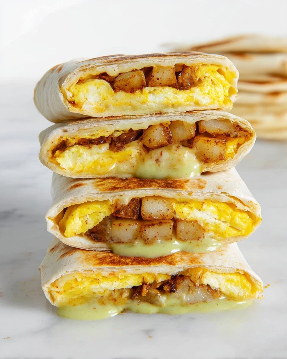 A stack of four folded breakfast wraps is shown on a white marbled surface, each wrap cut in half to reveal three layers inside. The outer layer is a light beige tortilla with some browned toasted spots. Inside, the middle layer is a bright yellow folded egg, smooth in texture, sitting directly on the bottom tortilla. Above the egg layer, there is a chunky layer of browned, crispy potatoes with a mix of light brown and golden colors. Melting yellow cheese oozes between the potato and egg layers, adding a glossy texture and some drips. In the background, more folded wraps and a cooling rack can be seen, all set on the white marbled surface. photo taken with an iphone --ar 4:5 --v 7
