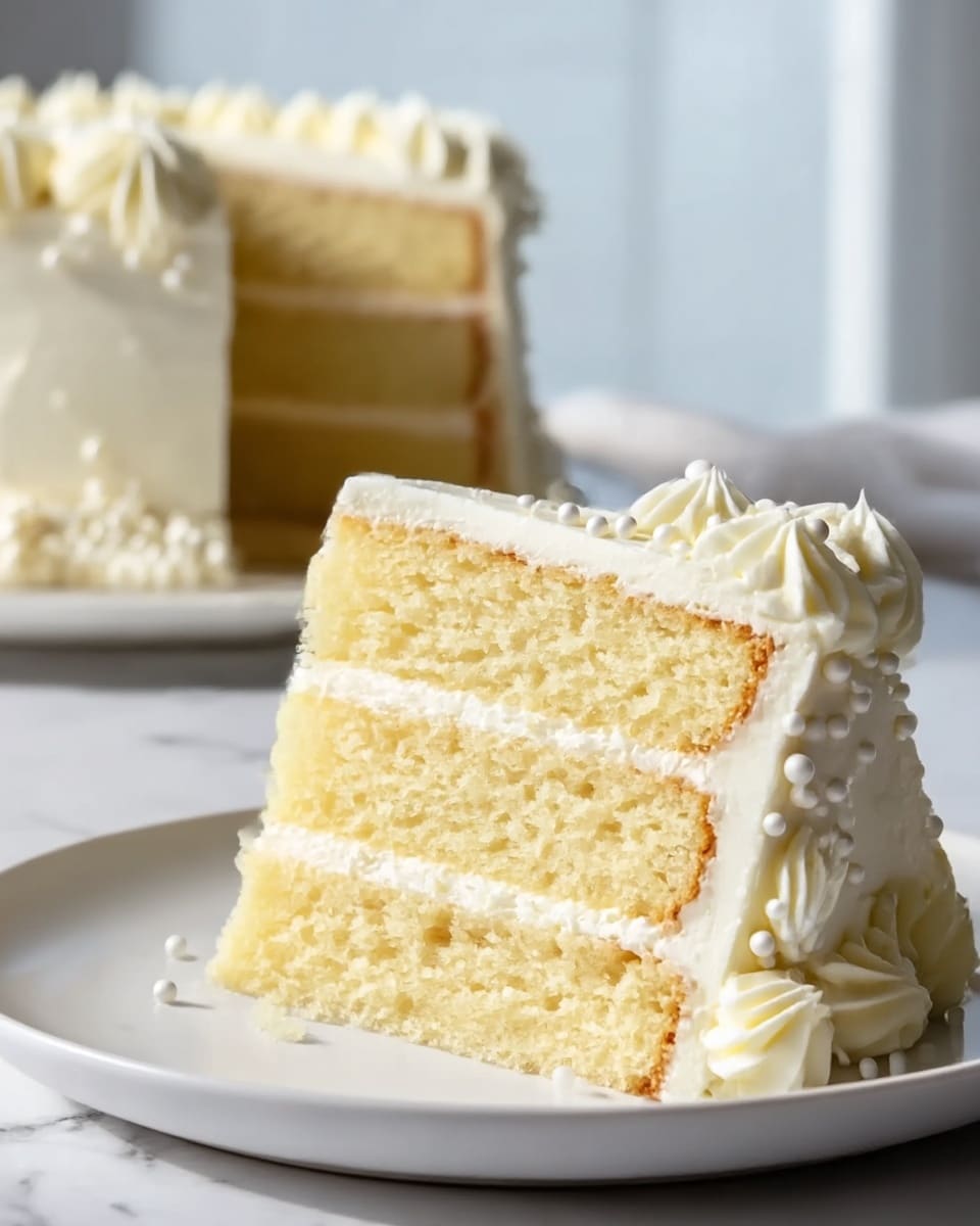 A close-up view of a two-layer white cake slice on a white plate, placed on a white marbled surface. Each layer is light yellow with a soft, fluffy texture, separated by a thick, smooth layer of white frosting. The entire cake is coated with the same white frosting, topped with small white sugar pearls and delicate white flower petals on the frosting edges. In the slightly blurred background, the rest of the cake is visible on another white plate. Photo taken with an iphone --ar 4:5 --v 7