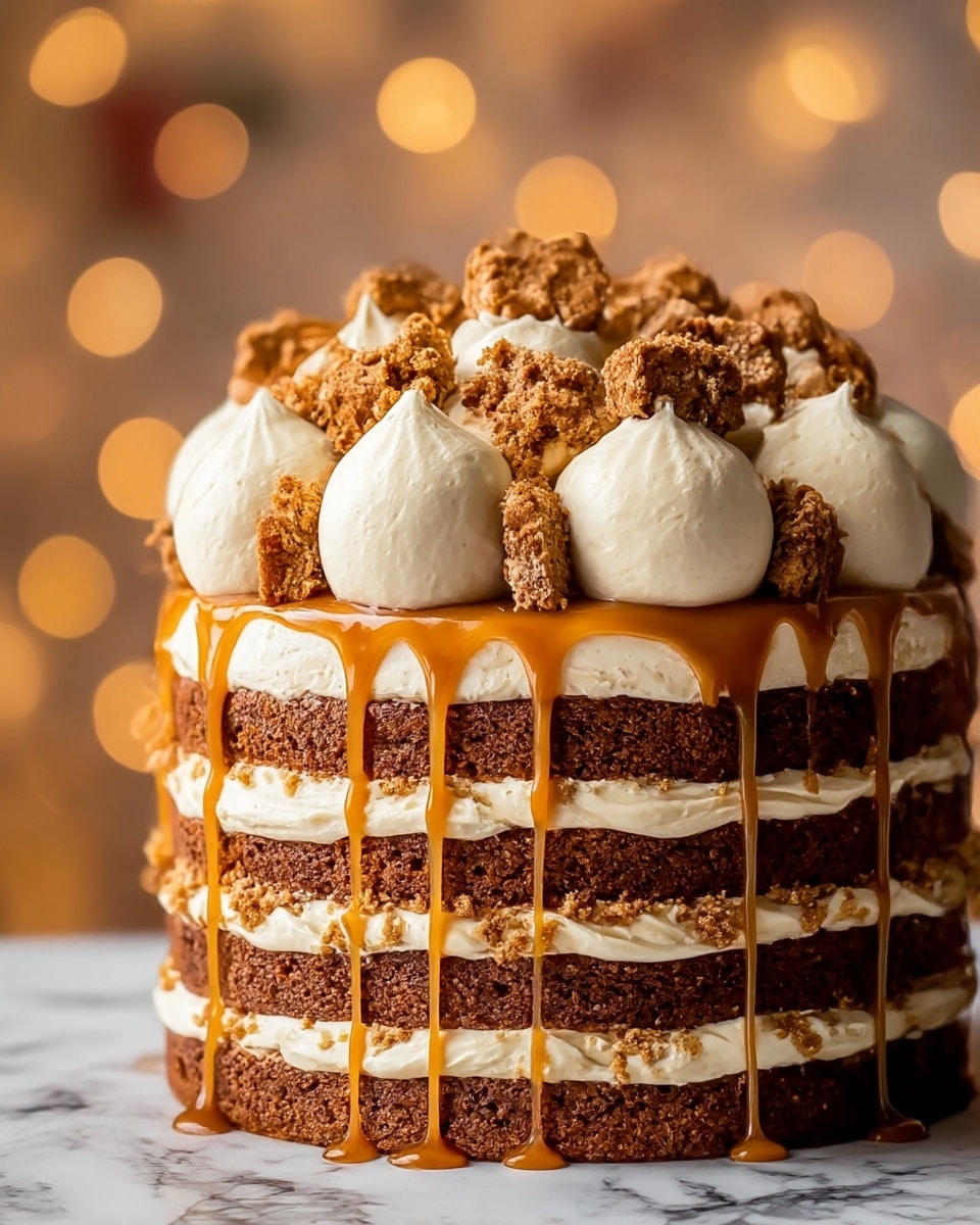 A three-layer cake with each layer made of dark brown sponge and thick light beige cream between the layers, with pieces of crumbly cookie mixed into the middle cream layer and also placed on top. The top of the cake has dollops of the same light beige cream evenly spaced around the edge, each topped with pieces of crumbly cookie. A glossy golden caramel sauce drips down the sides from the top layer, creating a rich and shiny effect. The cake is set against a soft blurred background with warm bokeh lights, on a white marbled surface. Photo taken with an iphone --ar 4:5 --v 7