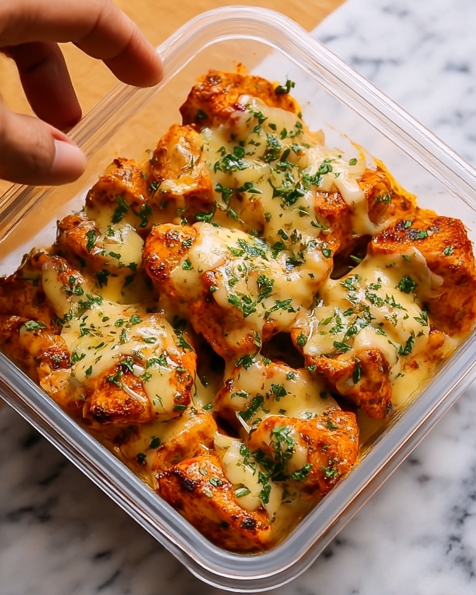 A white rectangular plastic container filled with cooked chicken pieces covered in melted cheese, showing a golden brown juicy texture with some crispy edges; the chicken is sprinkled with fresh green chopped herbs, evenly spread on top, creating a colorful contrast. The container sits on a white marbled surface, with a woman's hand holding it from the side. The cheese looks gooey and slightly browned in spots, slightly stretching between the chicken pieces, giving a rich, creamy appearance. Photo taken with an iphone --ar 4:5 --v 7