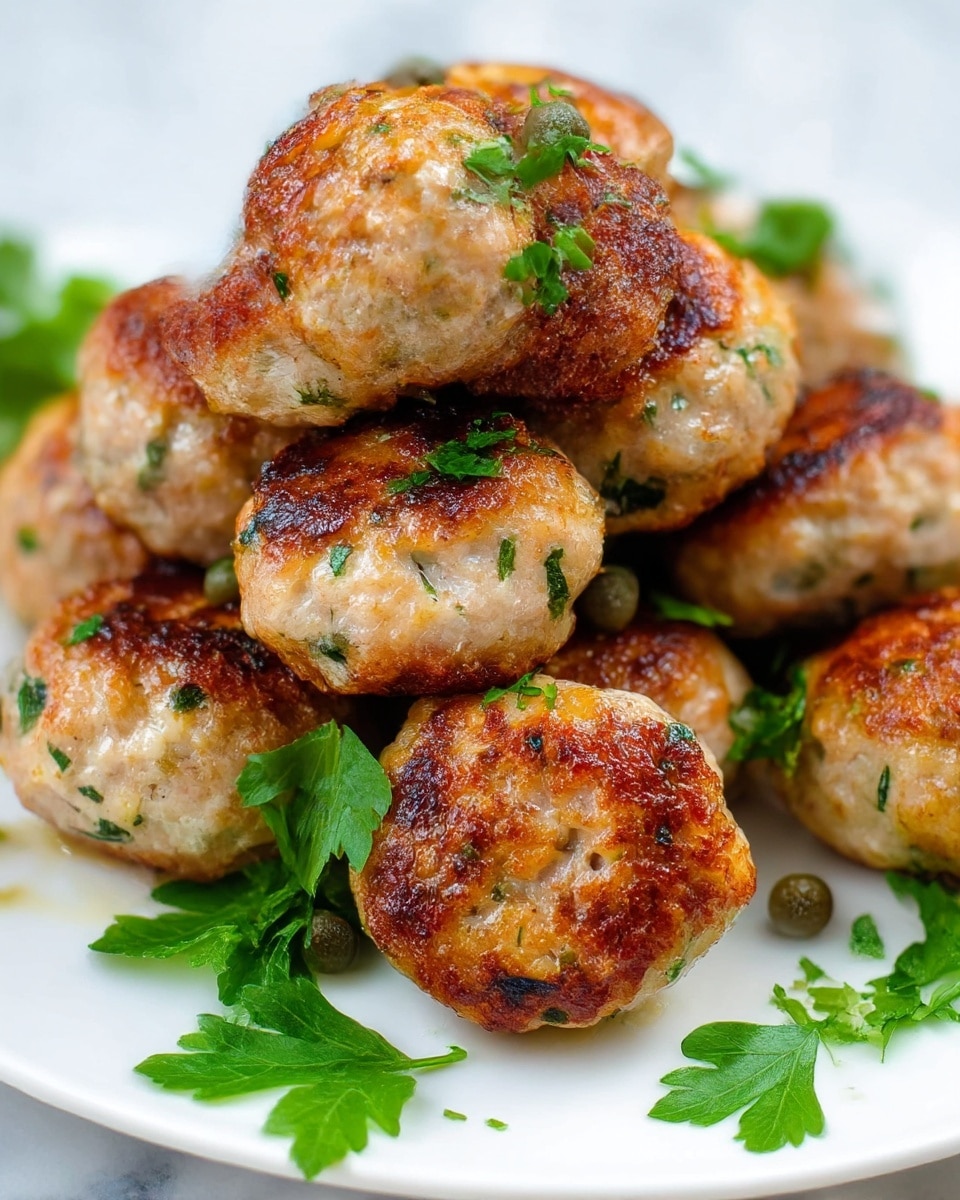 A close-up of several golden-brown pan-fried meatballs stacked in two layers on a white plate, each meatball showing a slightly crispy, browned surface with visible small green herbs mixed in. Some capers and bright green parsley leaves are scattered on and around the meatballs, adding pops of green color. The white plate sits on a white marbled surface. photo taken with an iphone --ar 4:5 --v 7
