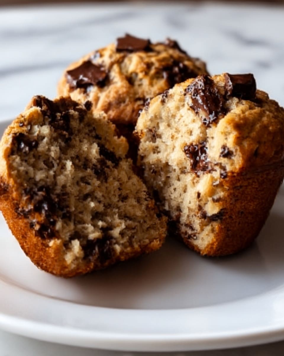 A close-up image of a split muffin placed on a white plate on a white marbled surface. The muffin has two uneven halves showing a soft, moist inside with a light brown texture mixed with dark chocolate chunks. The top of the muffin is slightly rough with melted chocolate pieces visible on both sections. The muffin’s exterior is a golden brown color, contrasting with the darker chocolate bits inside. Photo taken with an iphone --ar 4:5 --v 7