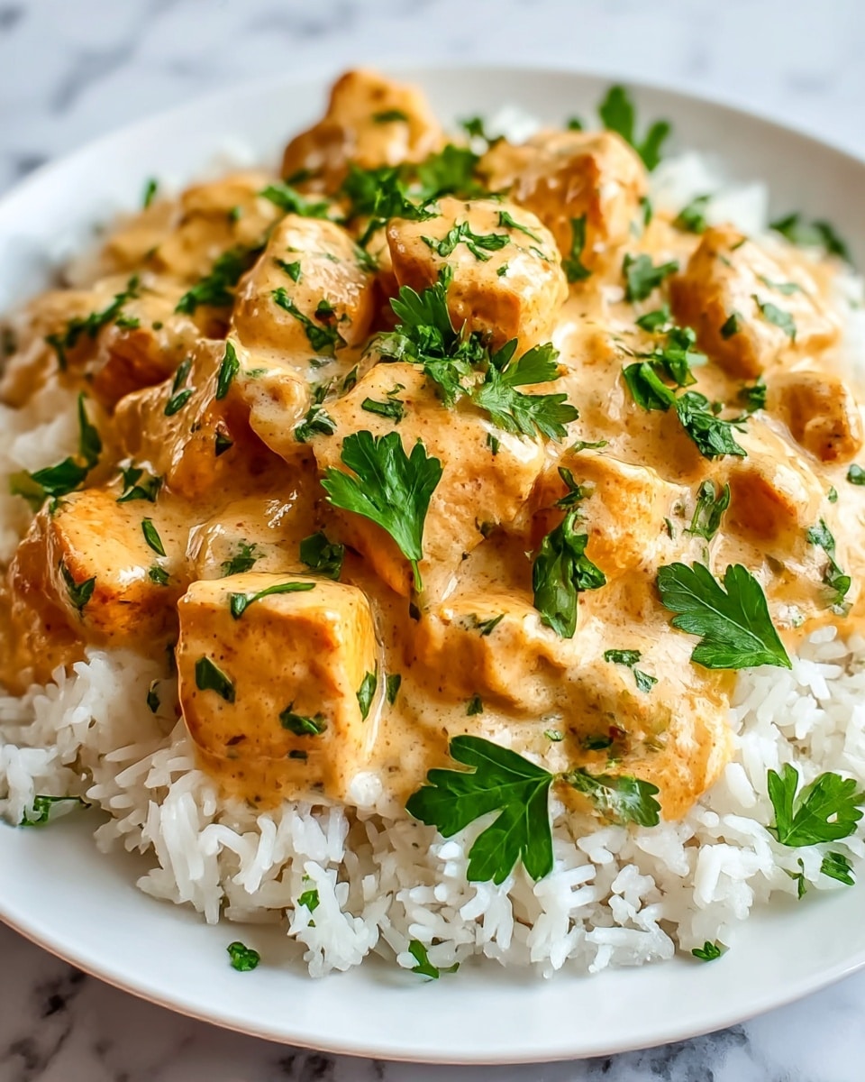 The image shows a white plate with a base layer of fluffy white rice. On top of the rice is a thick layer of creamy light orange sauce with browned chunks of chicken. The chicken pieces have a slightly crispy texture and are coated in the sauce. Fresh green parsley leaves are scattered on top, adding a pop of color and freshness. The background is a white marbled texture. photo taken with an iphone --ar 4:5 --v 7