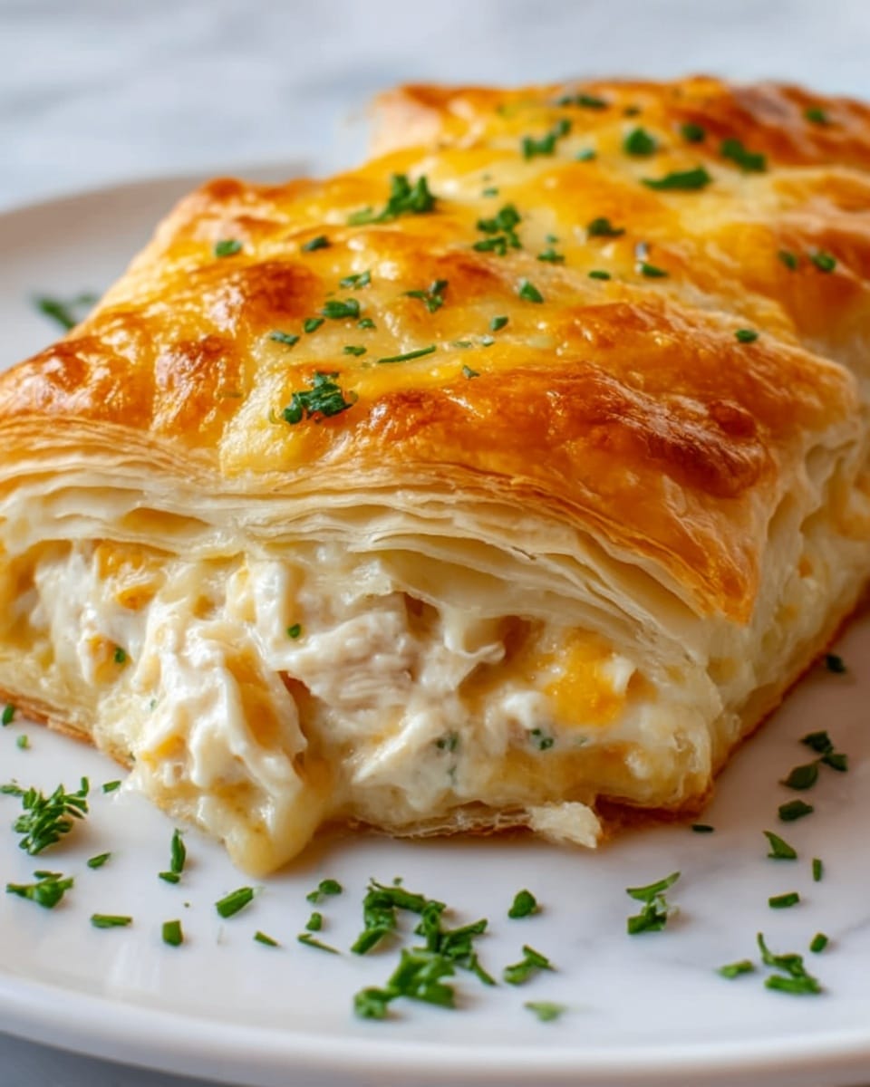 The image shows a close-up of a golden-brown baked pastry with multiple flaky layers. The top layer is covered with melted cheese that is slightly browned and bubbly, sprinkled lightly with chopped green herbs. The inside reveals creamy, white chicken filling mixed with small pieces of cheese, visible between the thin, crispy pastry sheets. The pastry rests on a white plate, with some scattered green herbs around it, all set on a white marbled surface. Photo taken with an iphone --ar 4:5 --v 7