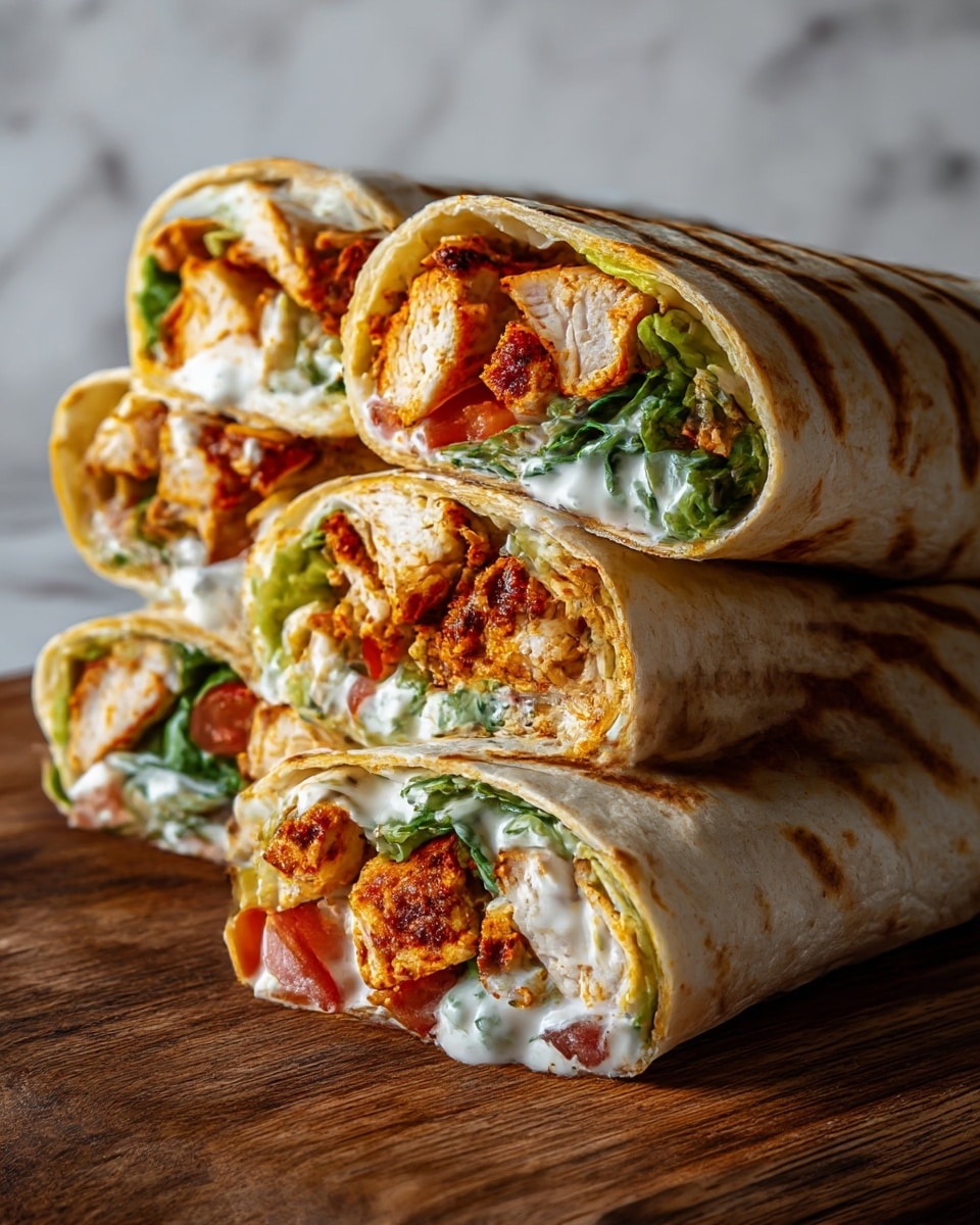 The image shows four chicken wraps cut in half and stacked on a wooden board. Each wrap has a golden-brown grilled tortilla with light char marks. Inside, there are layers of thick grilled chicken pieces with a slightly crispy, reddish-brown seasoning on the outside, fresh green lettuce, small chunks of red tomatoes, and white creamy sauce oozing slightly from the wraps. The wraps are positioned close to each other, revealing their colorful filling, and the photo is set against a white marbled texture. Photo taken with an iphone --ar 4:5 --v 7