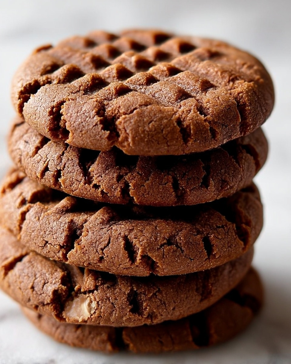 A stack of four thick, round chocolate cookies with a rough, cracked surface and clear grid-like fork marks pressed into the top of each one, showing a slightly crumbly texture. The cookies are rich brown with a matte finish and some lighter brown spots where the dough cracked. The stack is placed on a white marbled surface, with soft window light highlighting the texture and depth of each cookie layer photo taken with an iphone --ar 4:5 --v 7