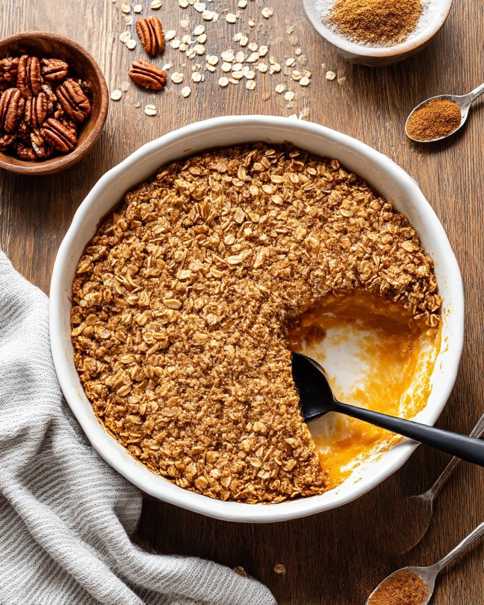The dish is a round baked oat crumble in a white ceramic pie dish, with a golden-brown crunchy oat topping made of oats and nuts spread evenly across the top. One slice has been scooped out, revealing a soft, bright orange layer underneath that looks like a baked pumpkin or sweet potato filling. A black spoon rests in the empty space, partially submerged in the filling. The dish sits on a wooden table with some scattered oats, and a small wooden bowl filled with pecans is visible near the top of the image next to a spoon with a heap of cinnamon powder. A light gray and white striped cloth is casually placed nearby. The texture is crumbly on top and smooth underneath. Photo taken with an iphone --ar 4:5 --v 7