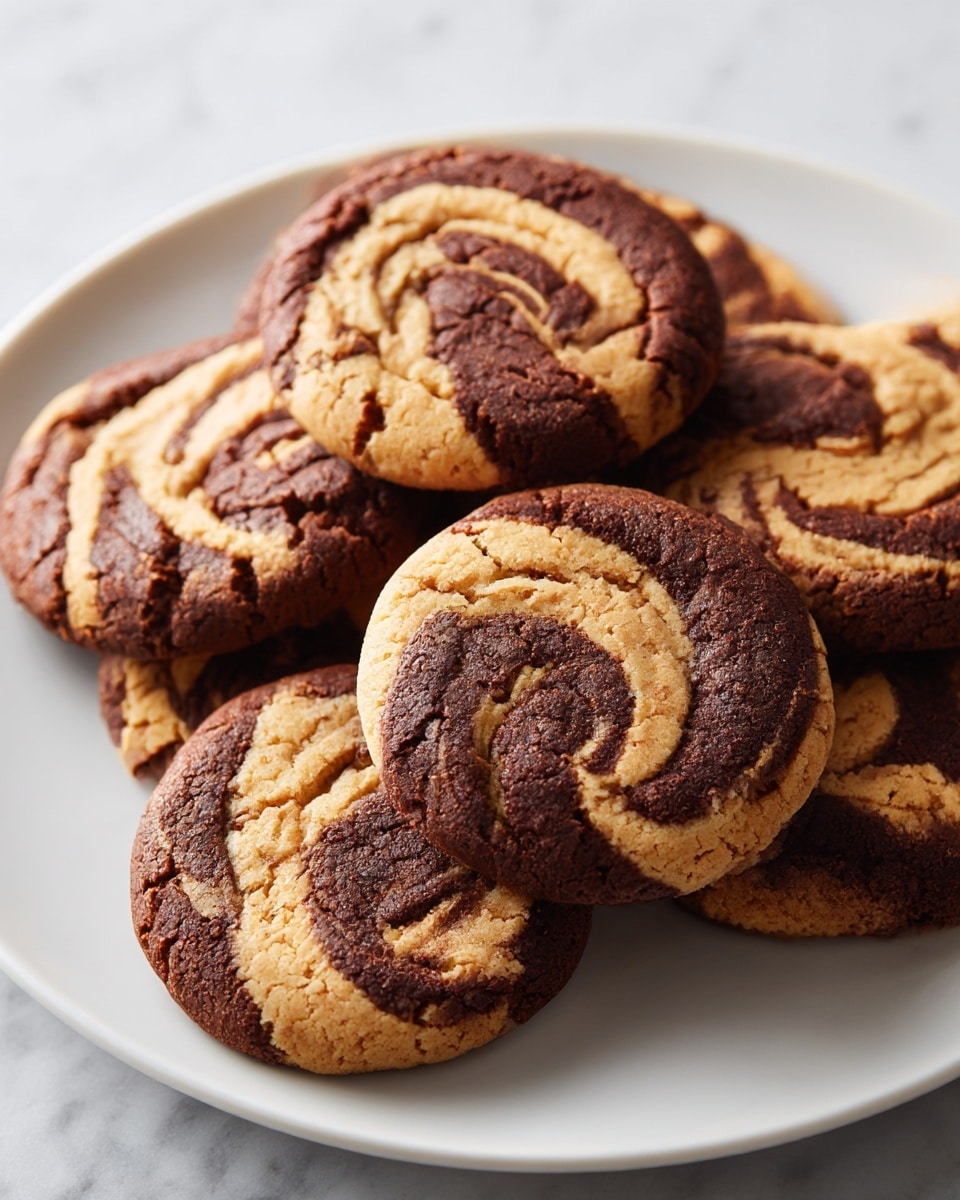 A close-up view of a white plate holding several round swirl cookies, each with two main layers: a dark brown chocolate dough and a light brown peanut butter dough twisted together in a marbled pattern. The cookies have a textured, slightly cracked surface, showing the soft and crumbly nature of the dough. They overlap and form a small pile on the plate, with the swirls prominently displayed, creating a striking contrast between the dark and light colors. The setting rests on a white marbled texture. photo taken with an iphone --ar 4:5 --v 7