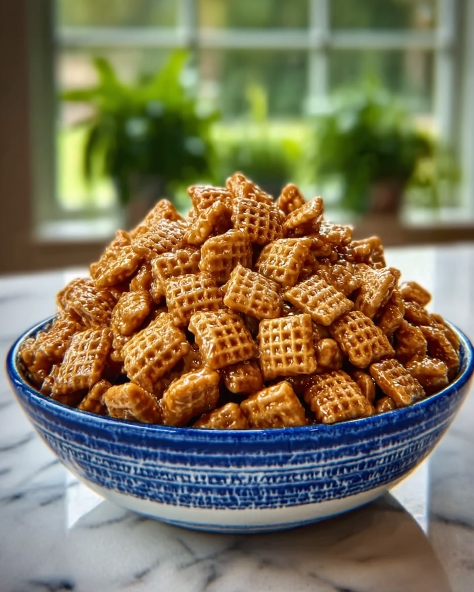 A blue and white bowl filled with many small square-shaped snacks that look crunchy and coated in a shiny, sticky caramel or glaze. The snacks have a light brown color and a slightly rough texture with a mix of grid patterns on them. The bowl is placed on a white marbled surface with a blurred background that shows a window with green plants. The photo is clear and focused on the bowl and snacks. Photo taken with an iphone --ar 4:5 --v 7