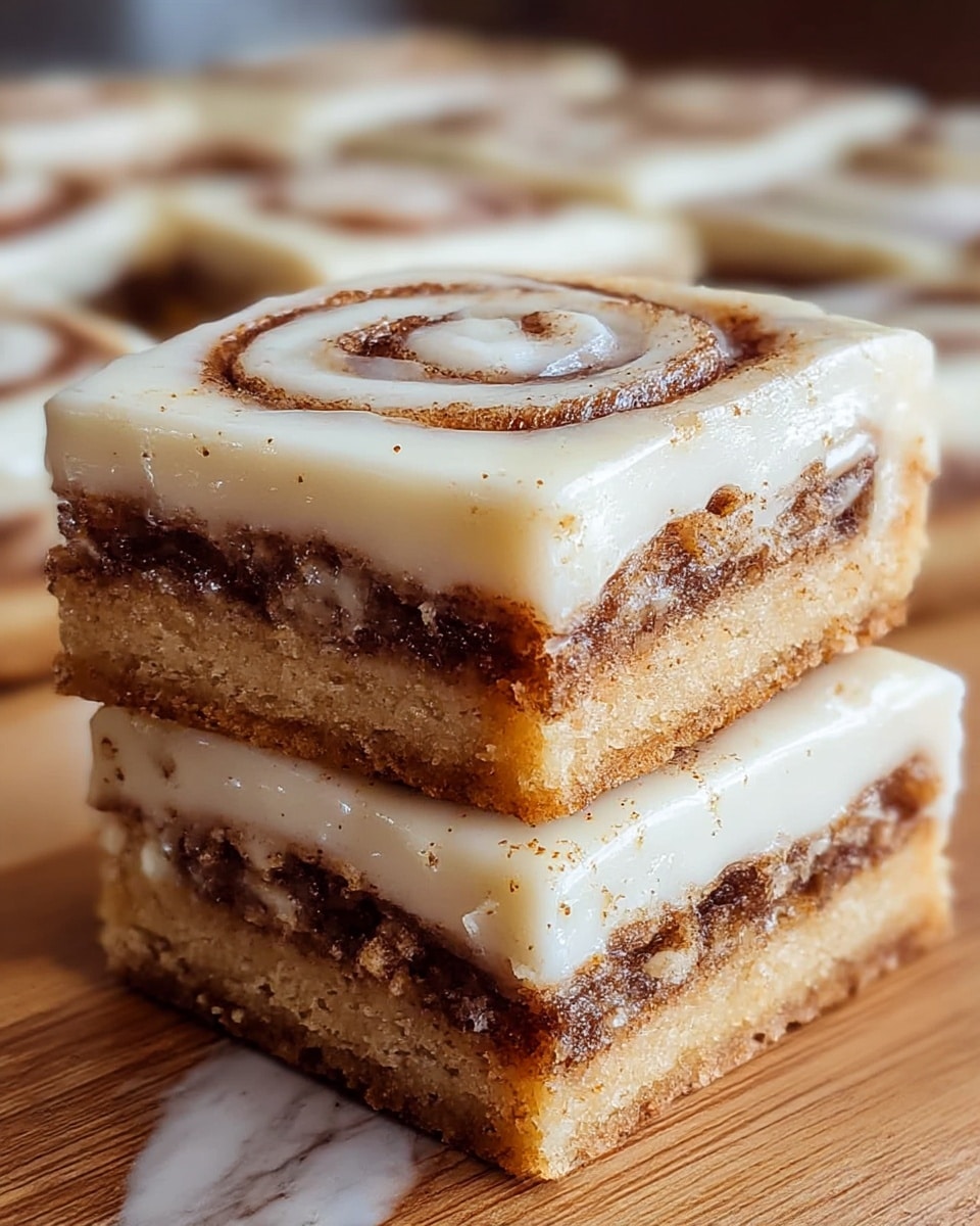 Two square cinnamon rolls stacked on top of each other are shown close-up on a wooden surface with a white marbled texture in the background. Each square has three visible layers: a bottom layer of soft, light brown dough, a middle layer of dark brown cinnamon filling, and a thick top layer of creamy, glossy white icing with a cinnamon swirl pattern. The cinnamon filling looks moist and slightly crumbly, while the icing has a smooth, shiny texture with specks of cinnamon. More cinnamon roll squares are blurred in the background. Photo taken with an iphone --ar 4:5 --v 7