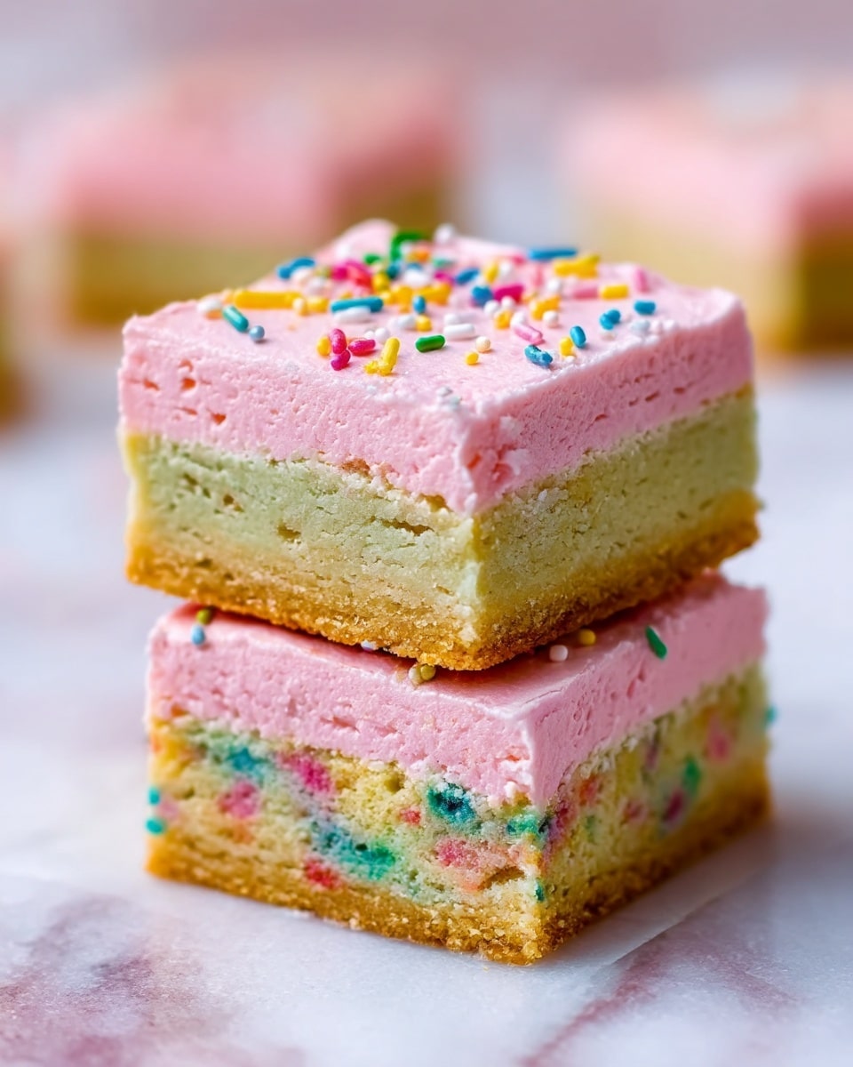 The image shows two square dessert bars stacked on top of each other on a white marbled surface. Each bar has three layers: the bottom layer is a dense, colorful cookie dough with scattered tiny rainbow sprinkles; the middle layer is a thick, smooth, light greenish-yellow cream; the top layer is a soft, fluffy pink frosting with a matte texture, decorated with small, colorful rainbow sprinkles scattered on top. The edges of the bars are clean and slightly rounded. The background is softly blurred, highlighting the dessert bars. Photo taken with an iphone --ar 4:5 --v 7