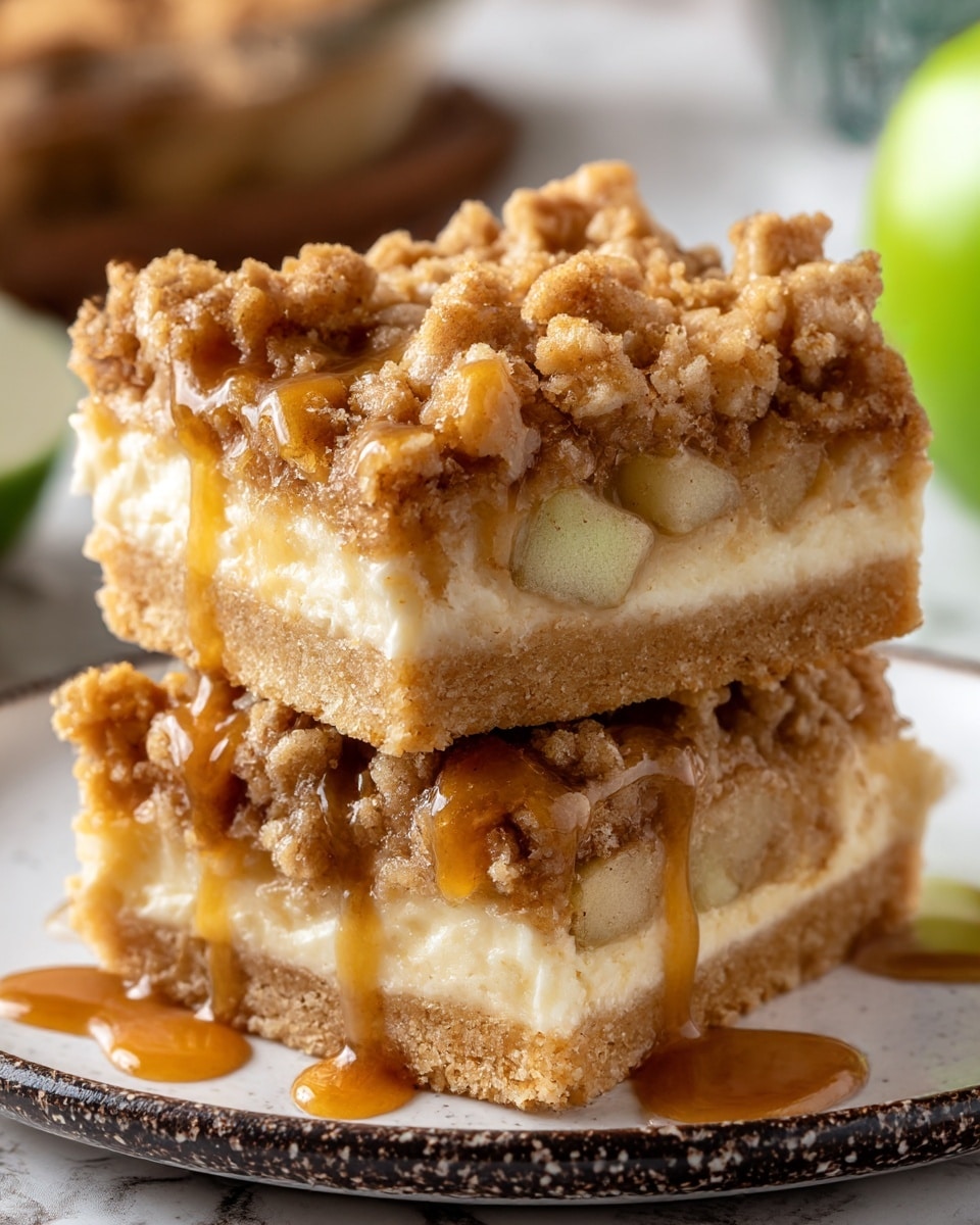 Two stacked dessert squares with three visible layers: the bottom layer is a light tan crumbly crust, the middle layer is a smooth off-white creamy filling with small pieces of apples inside, and the top layer is a crumbly golden-brown streusel with rough chunks. A glossy amber caramel sauce is drizzled over the top and sides, adding shine. The dessert is on a white plate with a dark speckled rim, placed on a white marbled surface with a blurred green object in the background. photo taken with an iphone --ar 4:5 --v 7