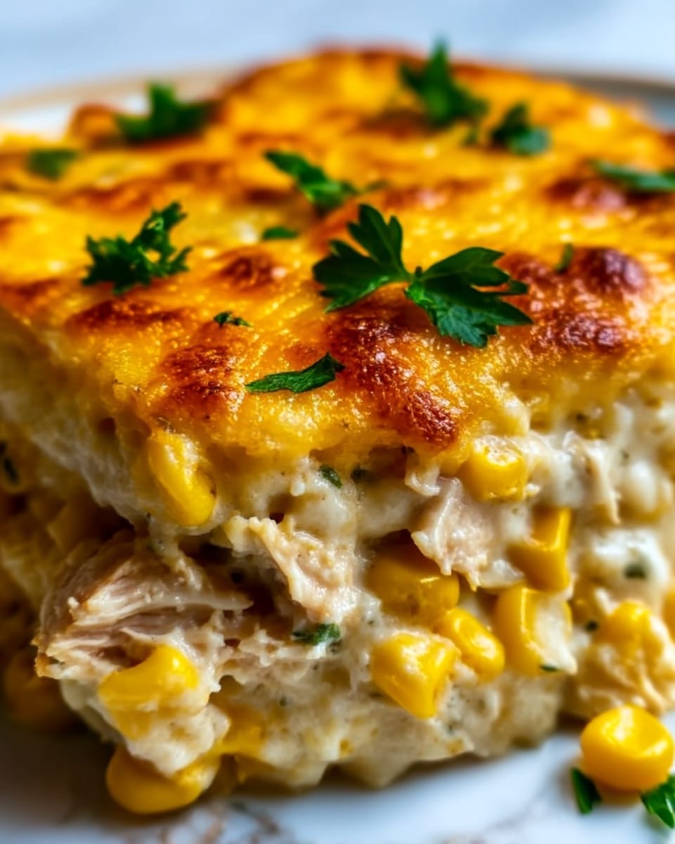 The image shows a close-up view of a baked dish with two main layers. The bottom layer is creamy white with visible chunks of light yellow corn and bits of chicken mixed in, showing a soft, moist texture. The top layer is melted cheese, golden yellow with some browned spots, giving it a crispy and bubbly look. Small green parsley leaves are sprinkled on top, adding a fresh contrast. The dish is placed against a white marbled background. Photo taken with an iphone --ar 4:5 --v 7