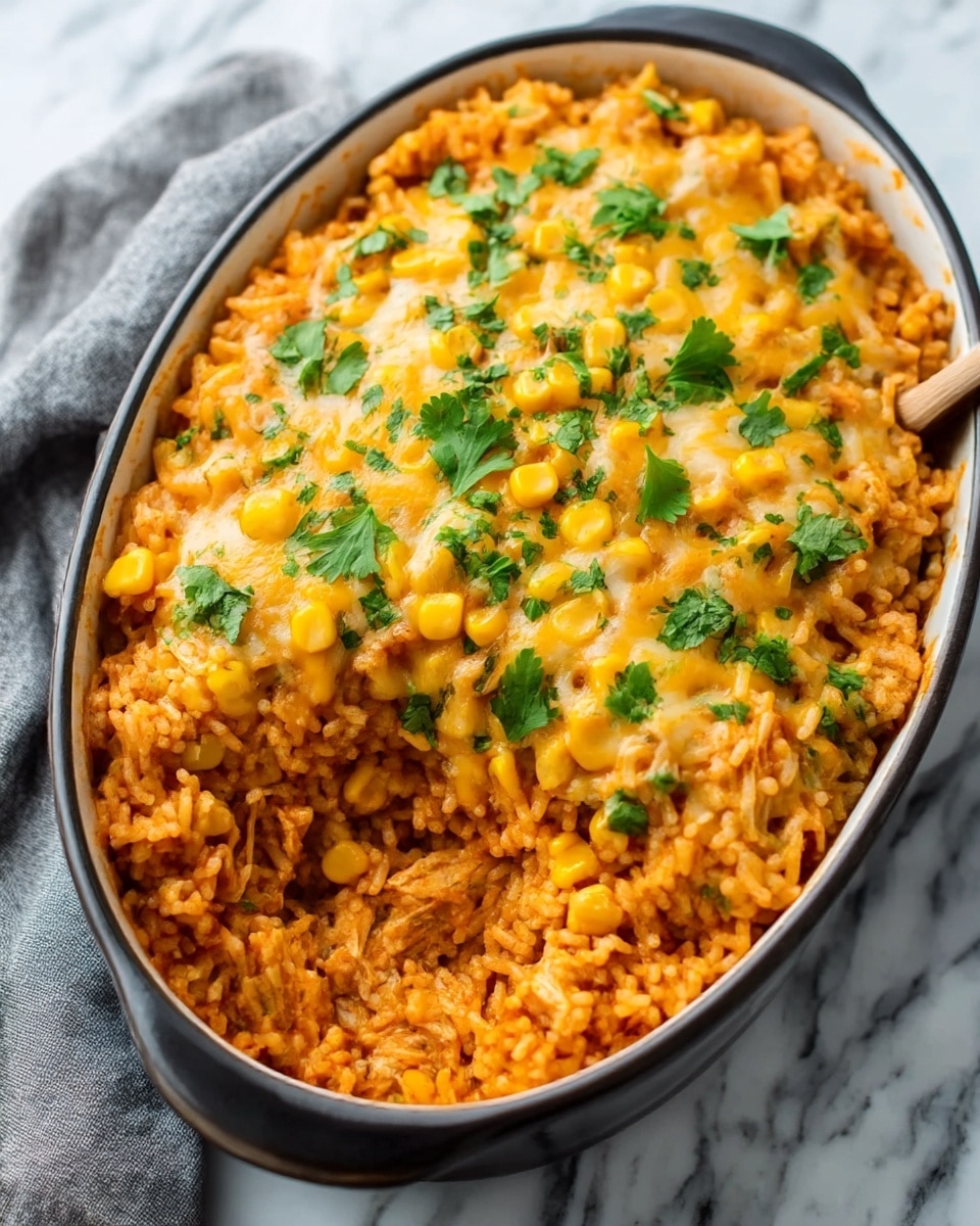 A black oval casserole dish filled with three layers of spicy rice with shredded chicken and corn. The bottom layer is a rich orange rice mixed with chunks of chicken. The middle layer is rice again with a blend of melted yellow cheese and scattered corn kernels on top. The top layer is a thicker cover of melted cheese mixed with corn and fresh green cilantro leaves sprinkled all over. The dish is placed on a white marbled surface with a gray cloth in the background. photo taken with an iphone --ar 4:5 --v 7