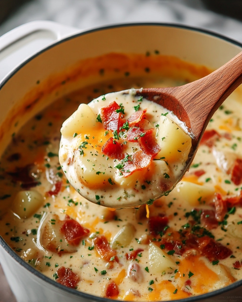 The image shows a thick creamy soup with 5 layers visible in a white cooking pot: the base is pale creamy with specks of fresh herbs, on top large chunks of light yellow potatoes, bright orange melted cheese, small crisp dark red-brown bacon pieces, and finely chopped green parsley sprinkled all over. A wooden spoon is lifting a spoonful of the soup, highlighting the chunky and smooth textures with a warm, hearty look. The background is a white marbled texture. photo taken with an iphone --ar 4:5 --v 7