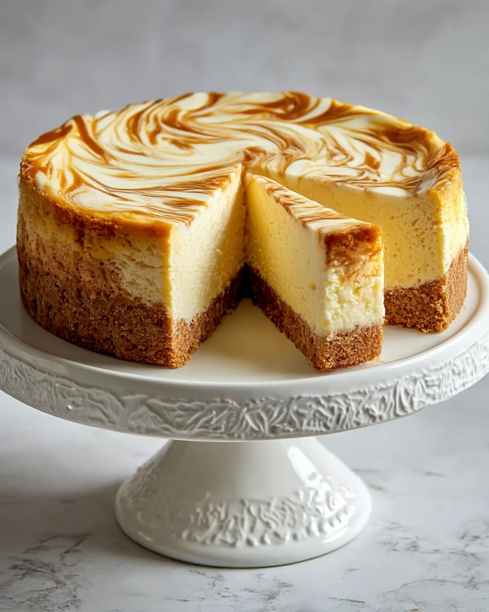 The image shows a three-layered cake on a white, detailed cake stand against a white marbled texture. The bottom layer is a thick, crumbly brown crust. The middle layer is a dense, creamy yellow cheesecake. The top layer has swirled patterns of white and caramel colors. A slice has been cut out, showing the smooth texture inside and the neat separation of the layers. photo taken with an iphone --ar 4:5 --v 7