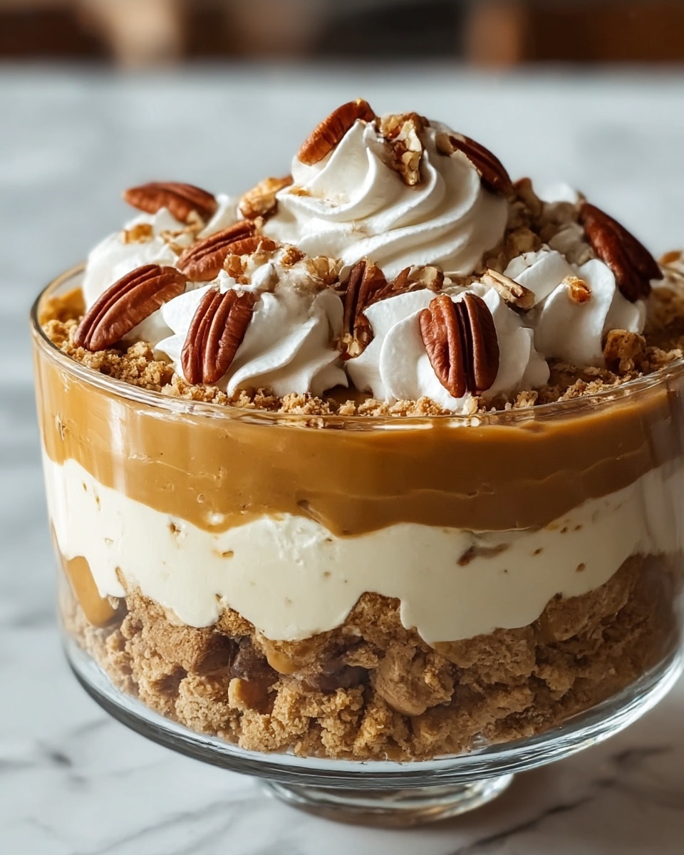 The dessert is shown in a clear glass bowl with multiple visible layers. Starting from the bottom, there is a thick layer of crumbled brown cookie or cake pieces mixed with a smooth light caramel-colored layer. Above that is a layer of creamy off-white filling with small dark specks, topped by another thick caramel layer with more crumbled cookie pieces pressed into it. The top layer is a thick white whipped cream arranged in swirled dollops covering the surface, garnished with whole pecans and small crumbled cookie bits scattered over the whipped cream. The bowl sits on a white marbled surface. photo taken with an iphone --ar 4:5 --v 7