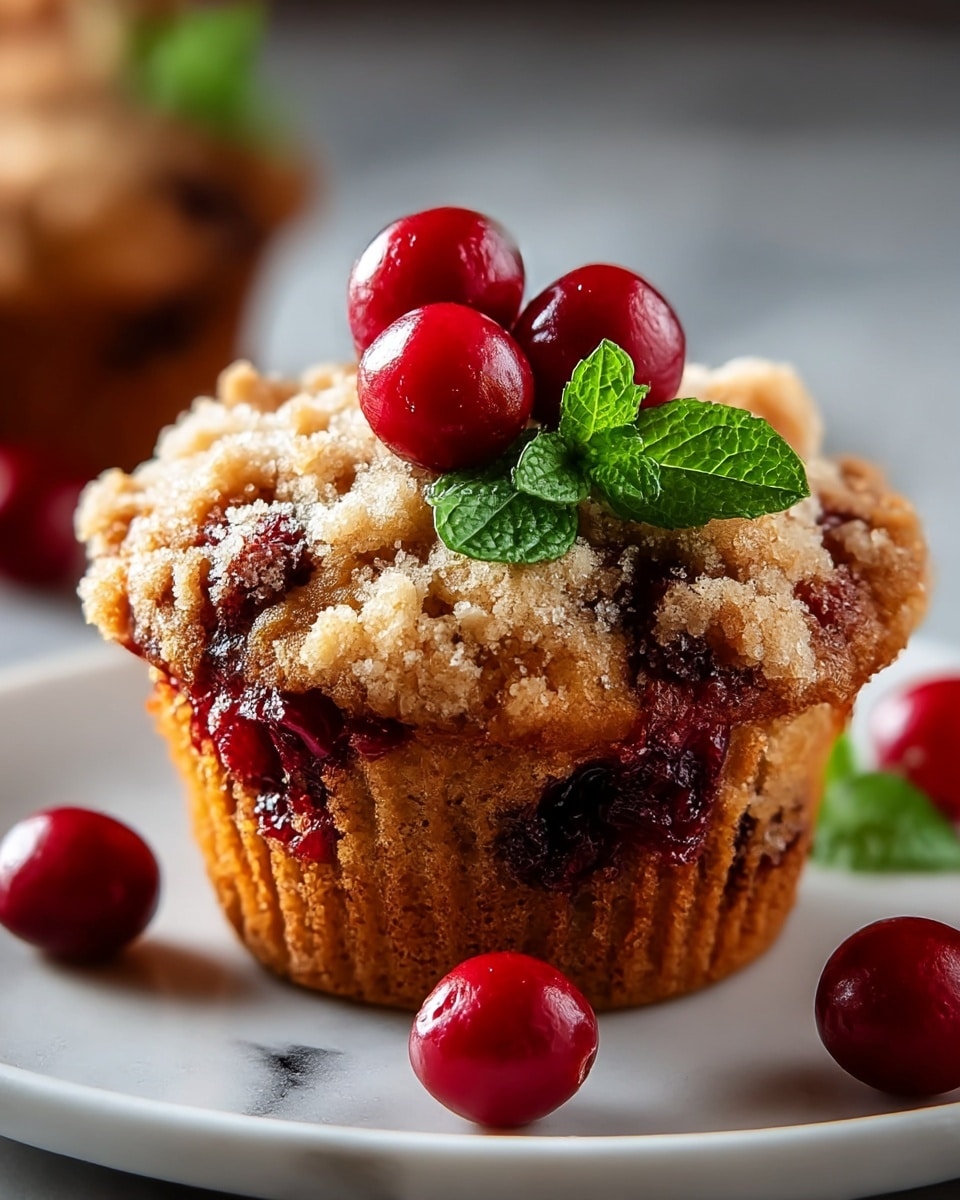 A close-up of a single muffin sitting on a white plate with a crumbly light brown topping. The muffin itself is golden brown with dark red cherry pieces embedded inside and slightly oozing out. On top of the crumbly layer, three shiny red cherries and a small sprig of fresh green mint leaves sit in the center. Around the plate, there are a few loose cherries adding a pop of red. The plate is set on a white marbled surface and the photo has a warm, natural light. photo taken with an iphone --ar 4:5 --v 7